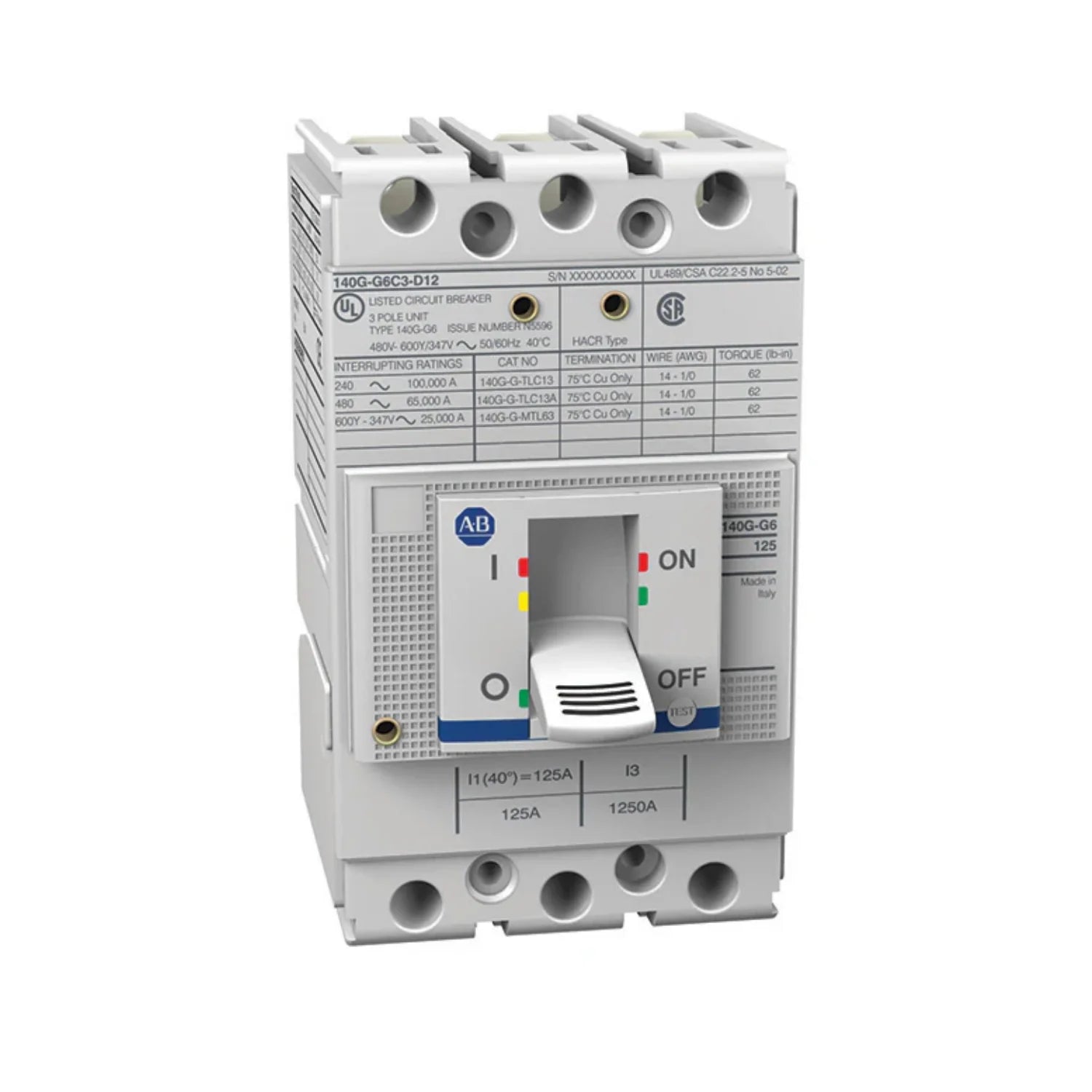 Allen-Bradley 140G-G6C3-D12 molded case circuit breaker, 3-pole, 125A, 65 kA, G frame, thermal-magnetic protection.