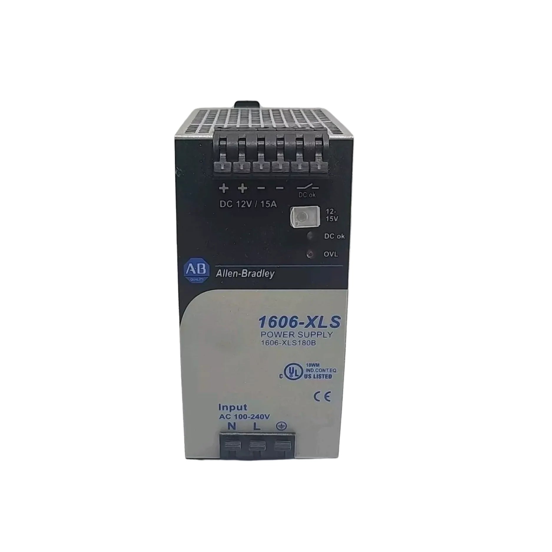 Allen-Bradley 1606-XLS180B power supply, 180W, 24V DC output, DIN rail mount for industrial control systems.