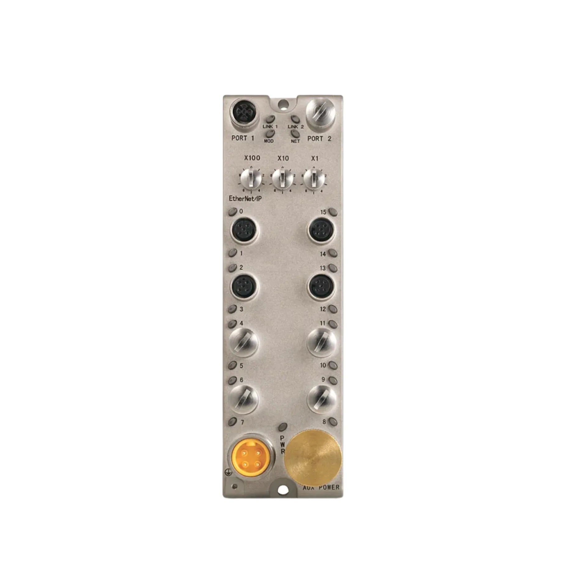 Módulo ArmorBlock Allen-Bradley 1732E-16CFGM12P5QCWR Ethernet/IP digital compacto para E/S em campo industrial.