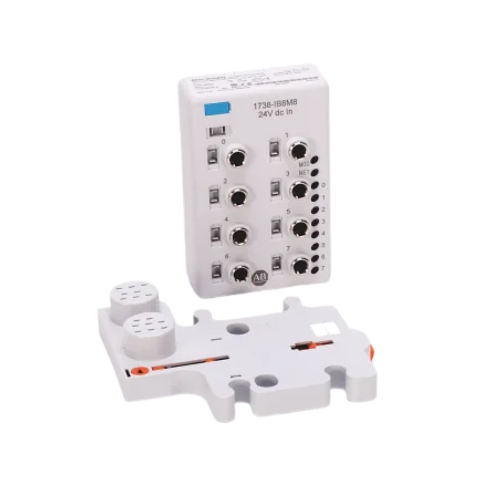 Allen-Bradley 1738-IB8M8 ArmorPoint 8-point sinking input module, 24V DC, with 8 M8 Pico connectors, IP67-rated.