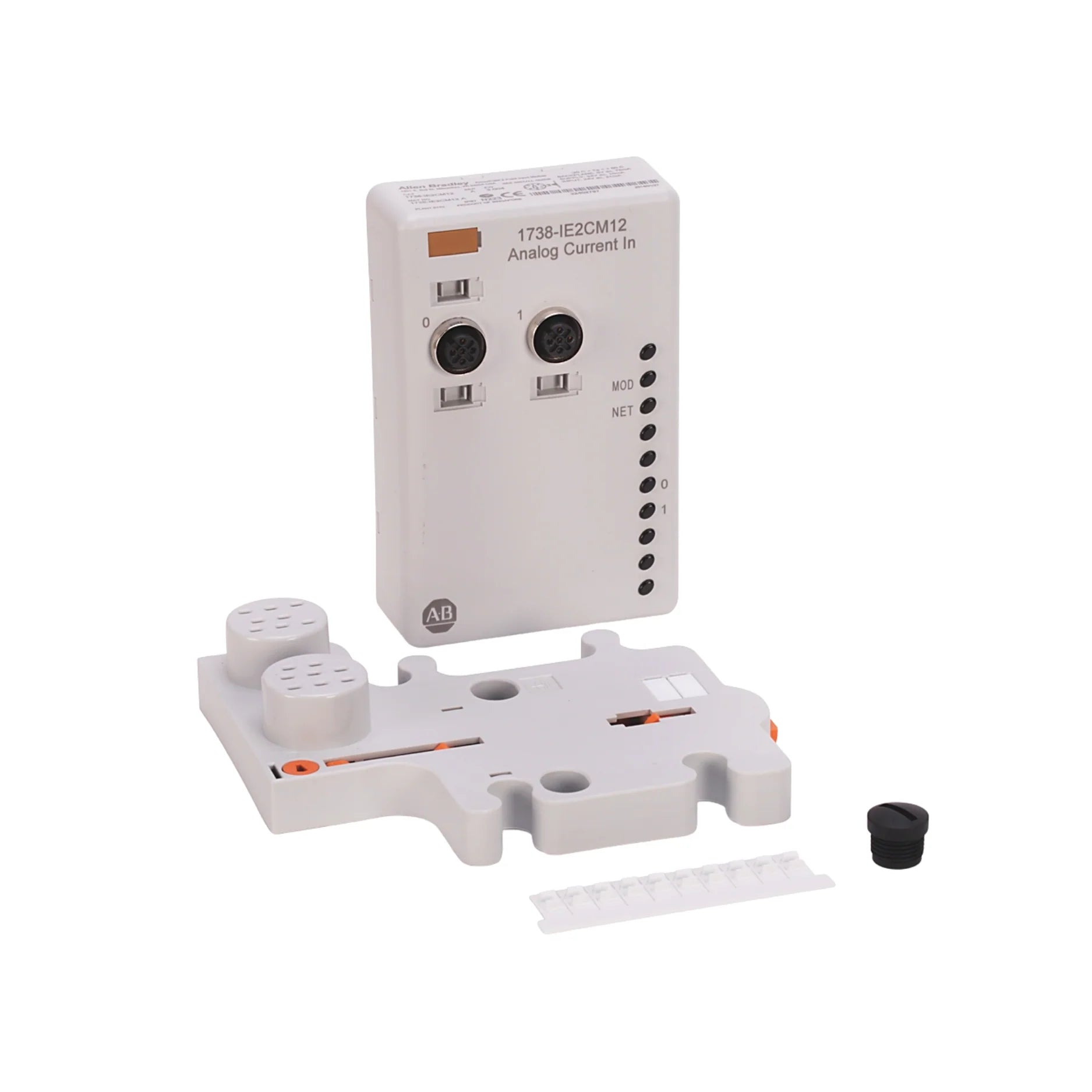 Allen-Bradley 1738-IE2CM12 ArmorPoint analog input module with 2 single-ended current inputs and M12 connectors, IP67-rated.