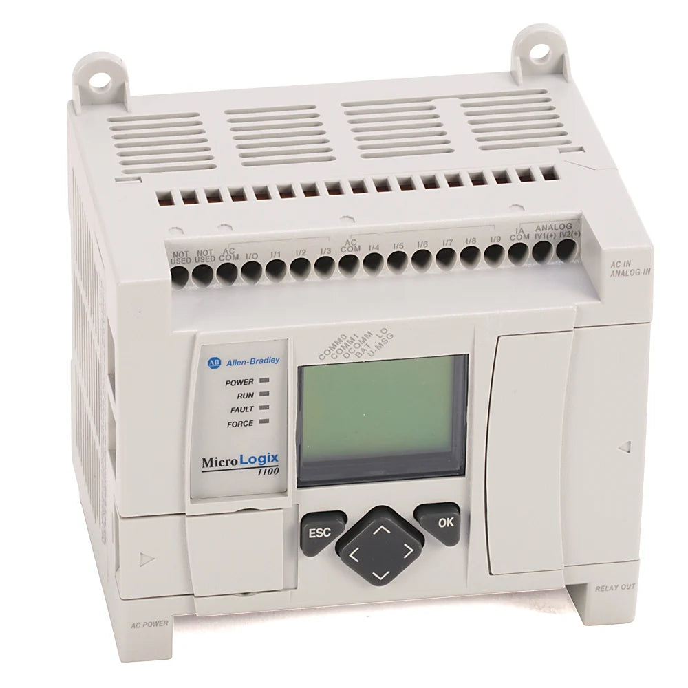 Allen-Bradley 1763-L16BWA MicroLogix 1100 PLC, 120V AC input, relay output, for compact industrial automation control.