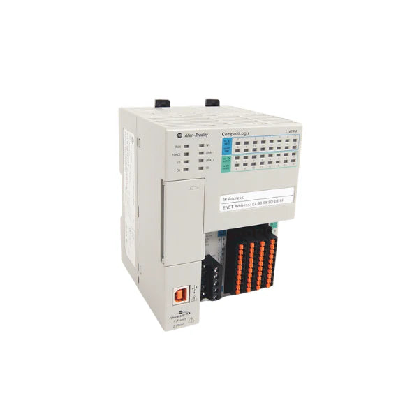 Allen-Bradley 1769-L18ERM-BB1B CompactLogix controller with 512 KB, embedded I/O, dual Ethernet, and motion support for industrial control systems.