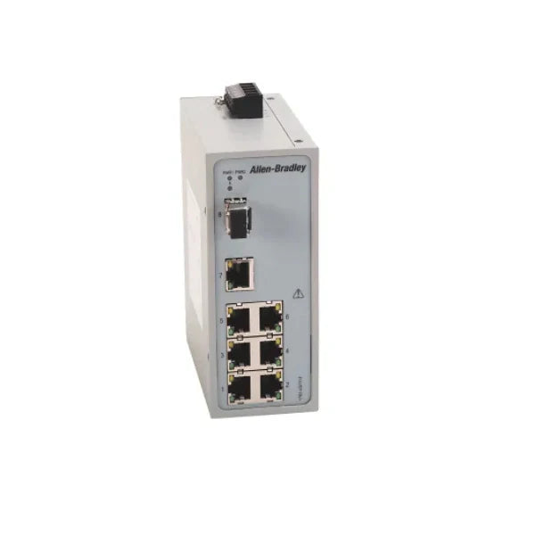 Allen-Bradley 1783-US7T1F Stratix 2000 unmanaged Ethernet switch with 7 RJ45 ports and 1 multimode fiber port. DIN rail mount.