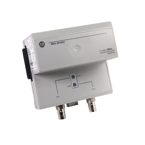 Allen-Bradley 1786-RPCD ControlNet right-angle repeater cable, for extending and connecting ControlNet networks in automation systems.