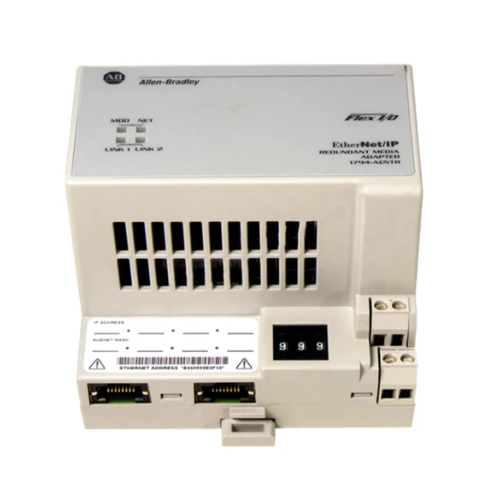 Allen-Bradley 1794-AENTR FLEX I/O EtherNet/IP adapter with dual Ethernet ports and DLR support for distributed control systems.