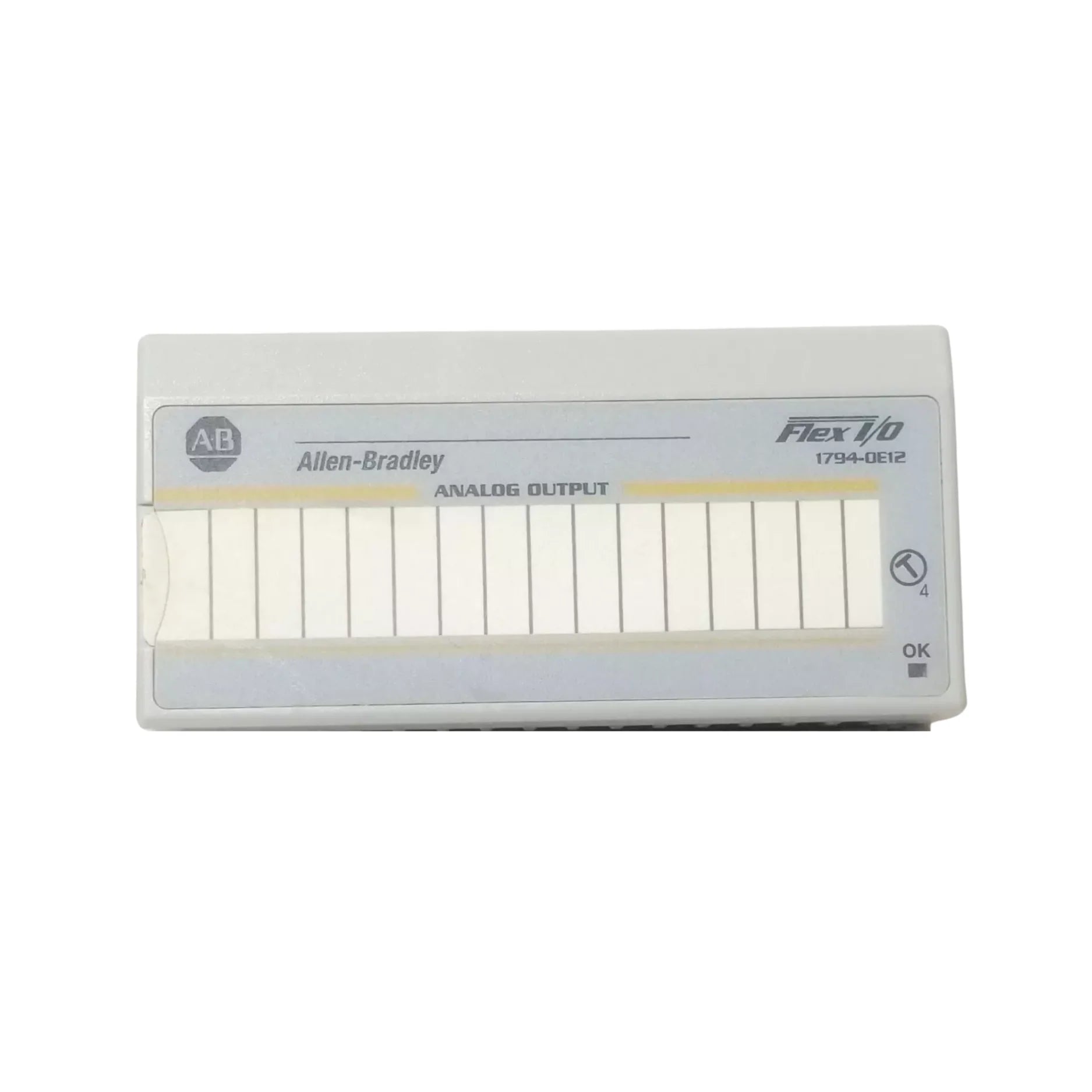 Allen-Bradley 1794-OE12 FLEX I/O analog output module with 12 single-ended outputs, ±10V, 16-bit resolution, 24V DC powered.