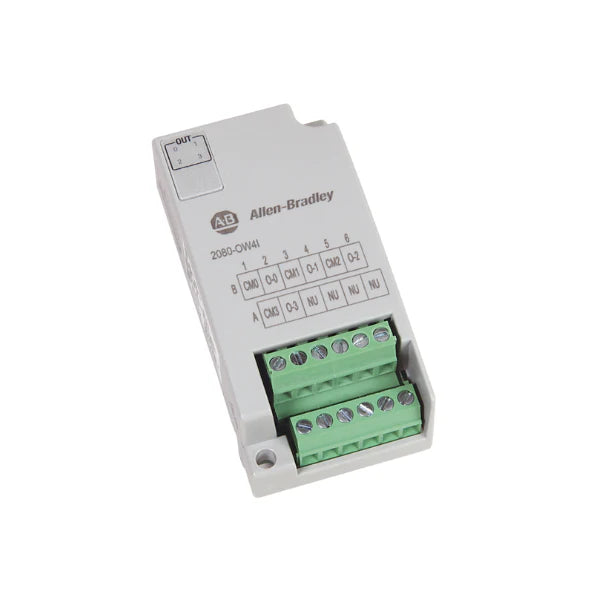 Micro800 plug-in module with 4 isolated relay outputs, suitable for AC/DC load control in industrial automation.