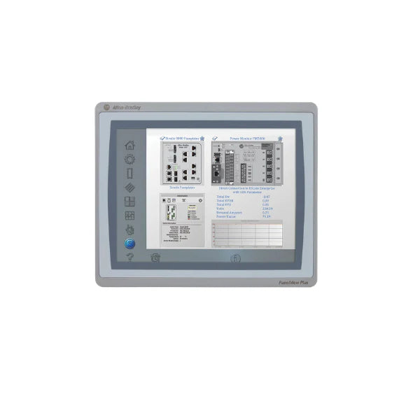 Painel HMI Allen-Bradley 2711P-T12W22D8S, touchscreen de 12 polegadas, interface para controle industrial avançado.