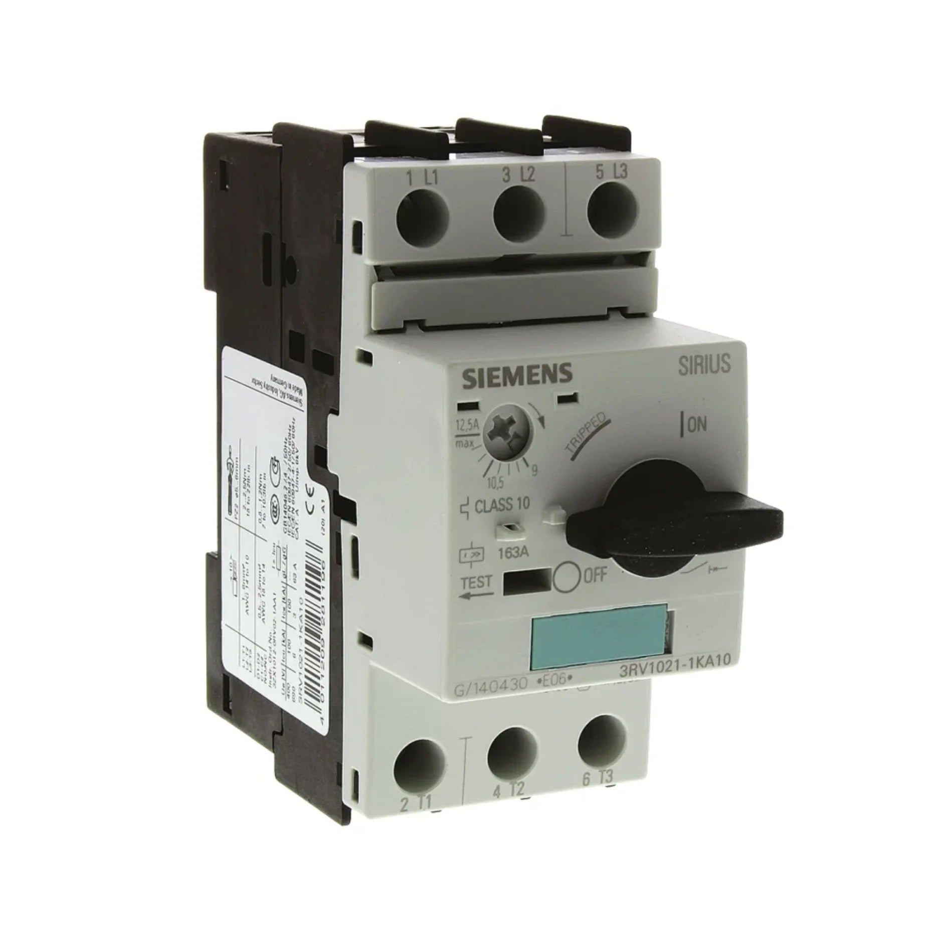 Siemens 3RV1021-1KA10 motor protection circuit breaker, 9–12.5 A, 3-pole, size S0, 100 kA short-circuit capacity, screw terminals.