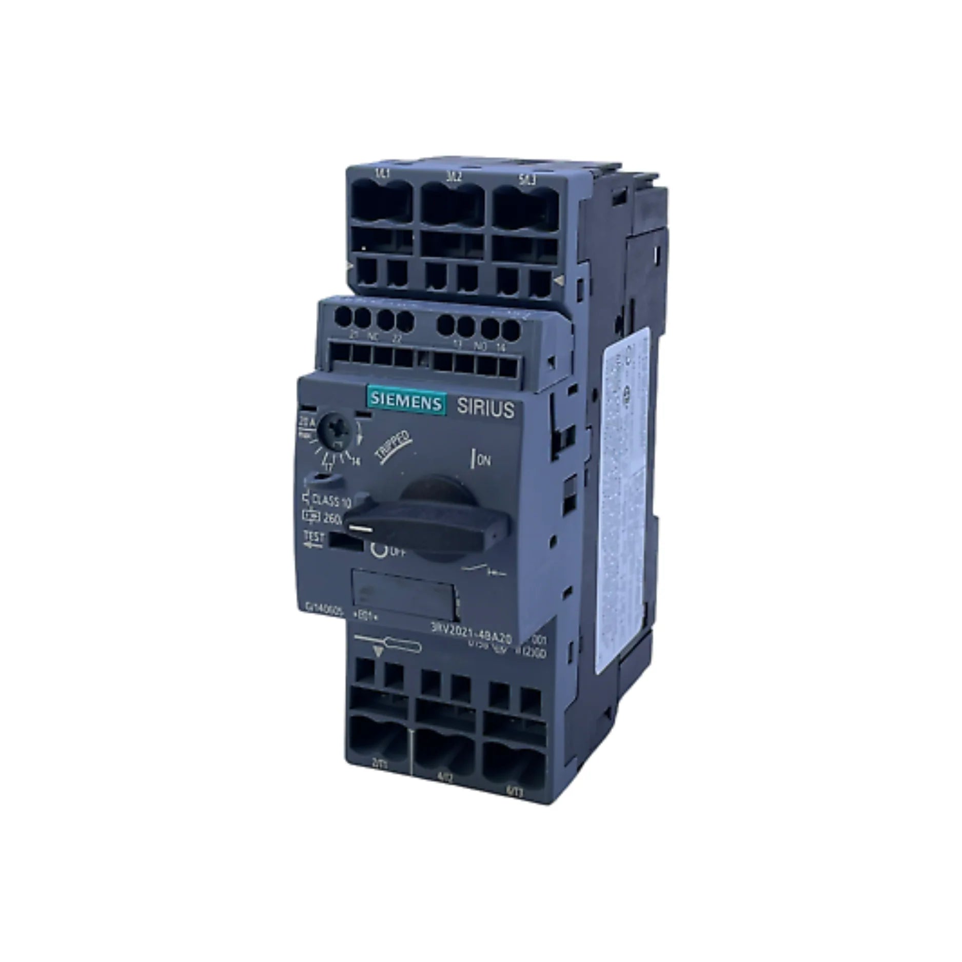 Siemens 3RV2021-4BA20 motor protection circuit breaker, 13–20 A, 3-pole, size S0, 55 kA capacity, spring terminals for compact installations.