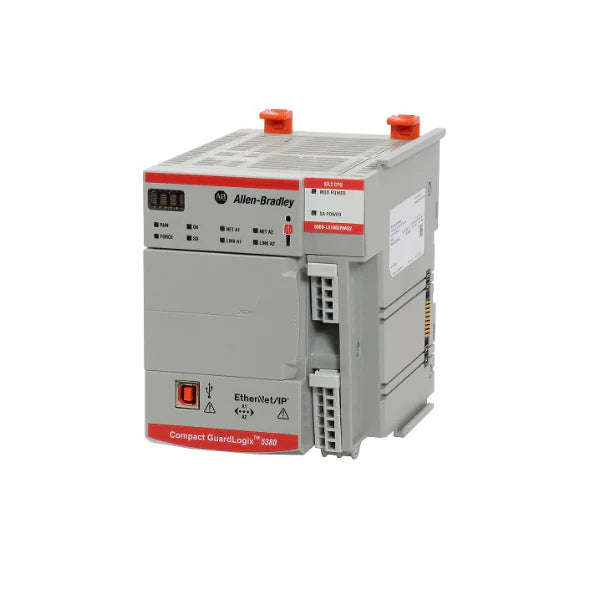 Compact GuardLogix 5380 SIL 2 safety controller, 3 MB standard and 1.5 MB safety memory, dual Ethernet ports, DIN rail mount.