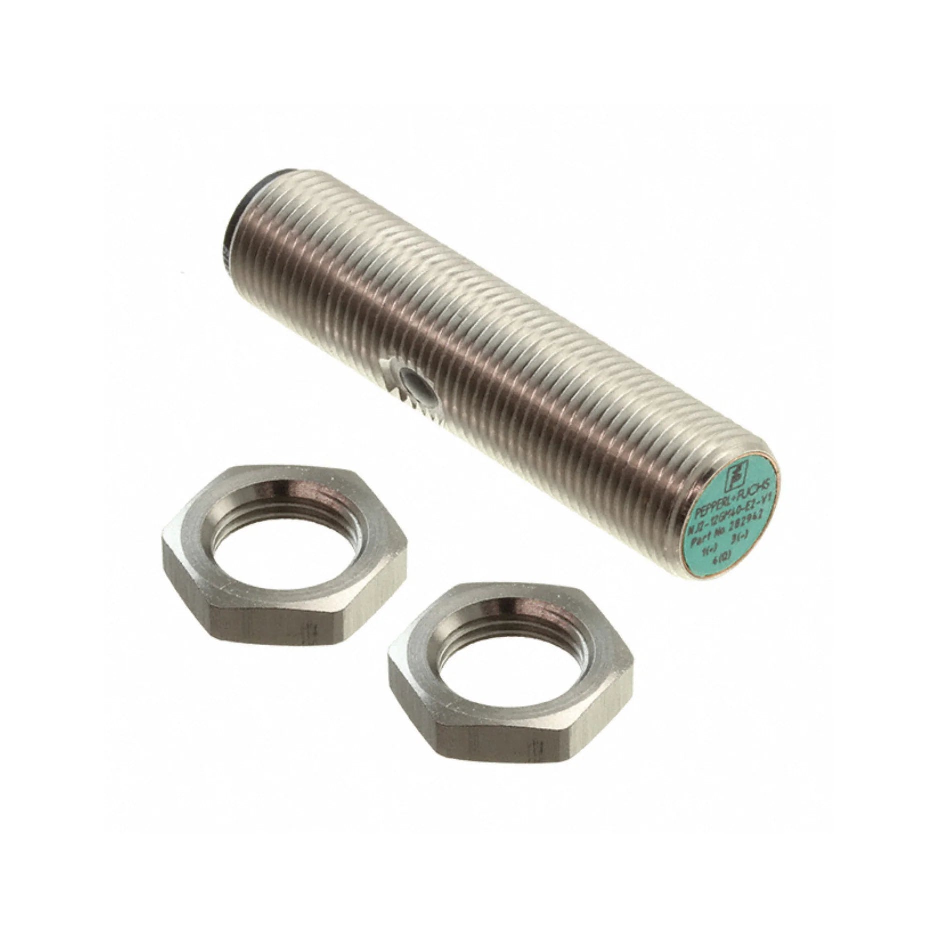 Pepperl+Fuchs NJ2-12GM40-E2-V1 inductive proximity sensor, 2mm sensing distance, PNP NO, 10-60V DC, M12 connector, IP67 rated.