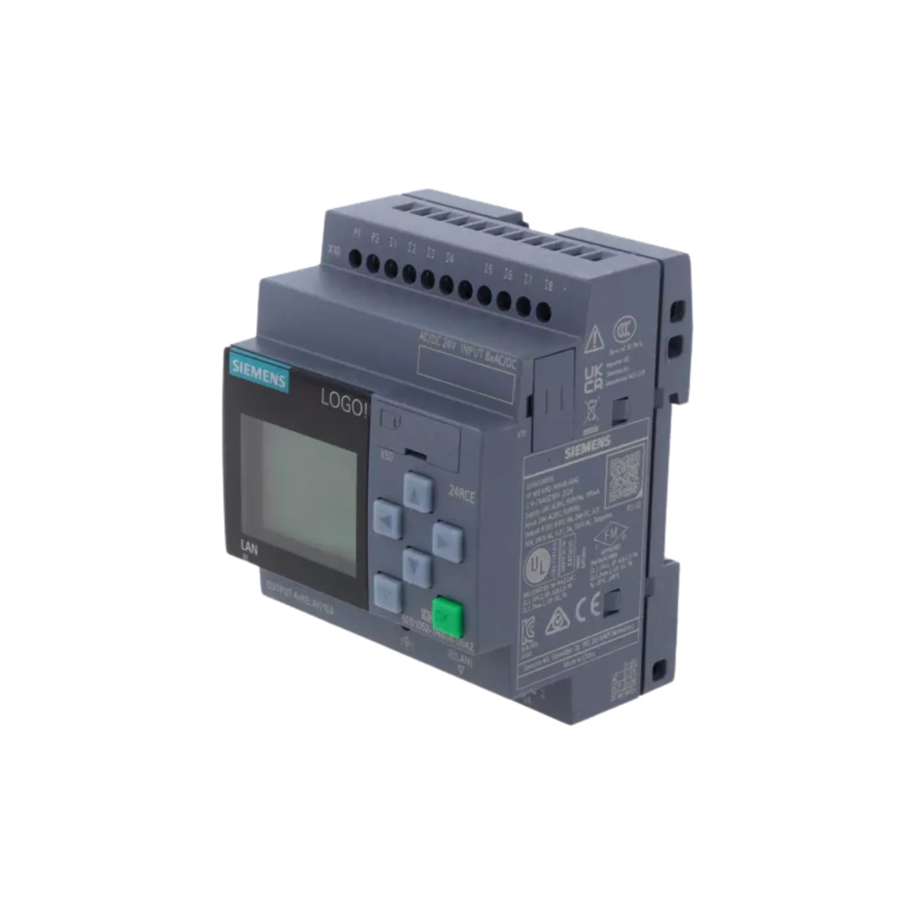 Siemens 6ED1052-1HB08-0BA2 LOGO! 8 logic module with 8 inputs, 4 outputs, and Ethernet for automation.
