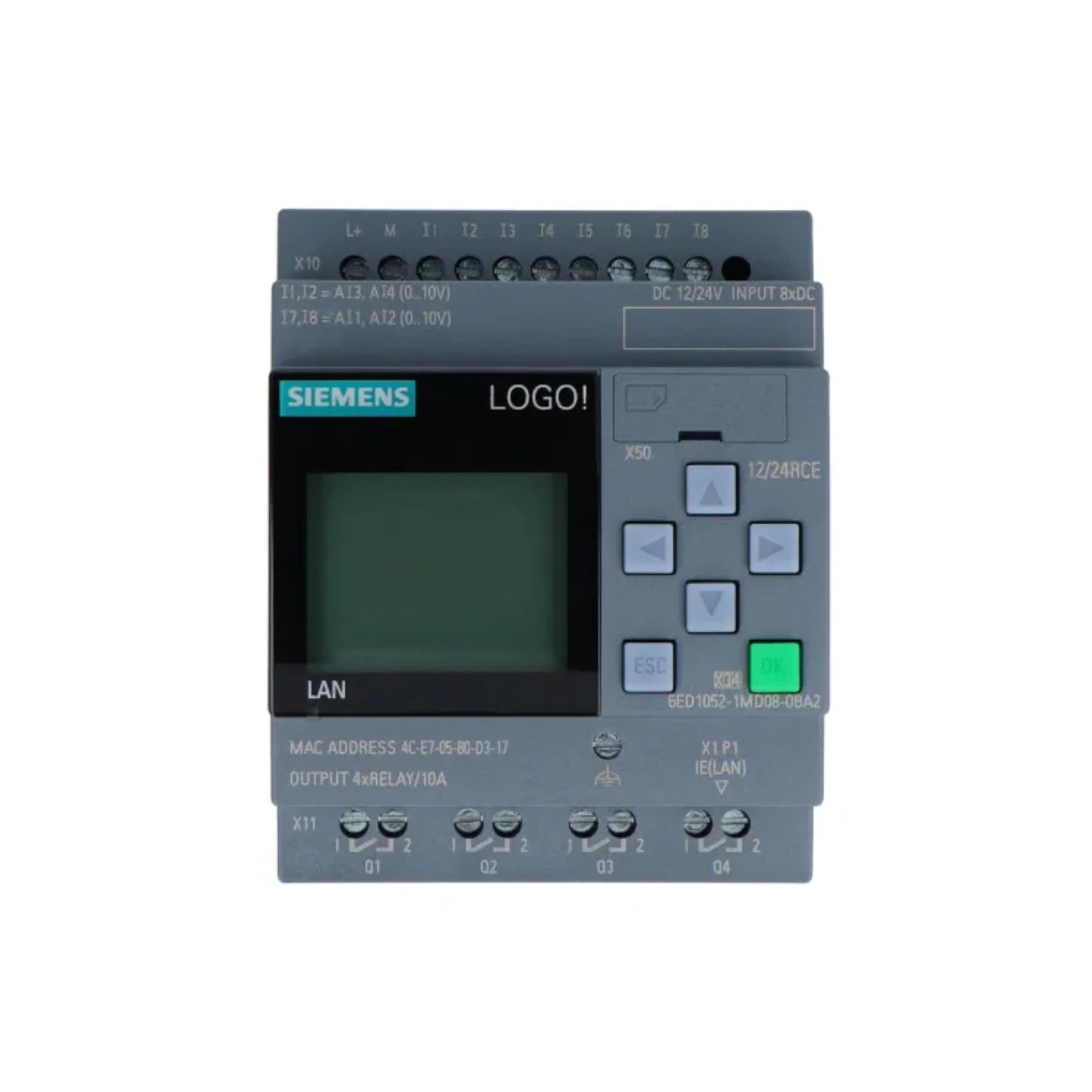 Siemens 6ED1052-1MD08-0BA2 LOGO! 24CE logic module with Ethernet and MOSFET outputs.