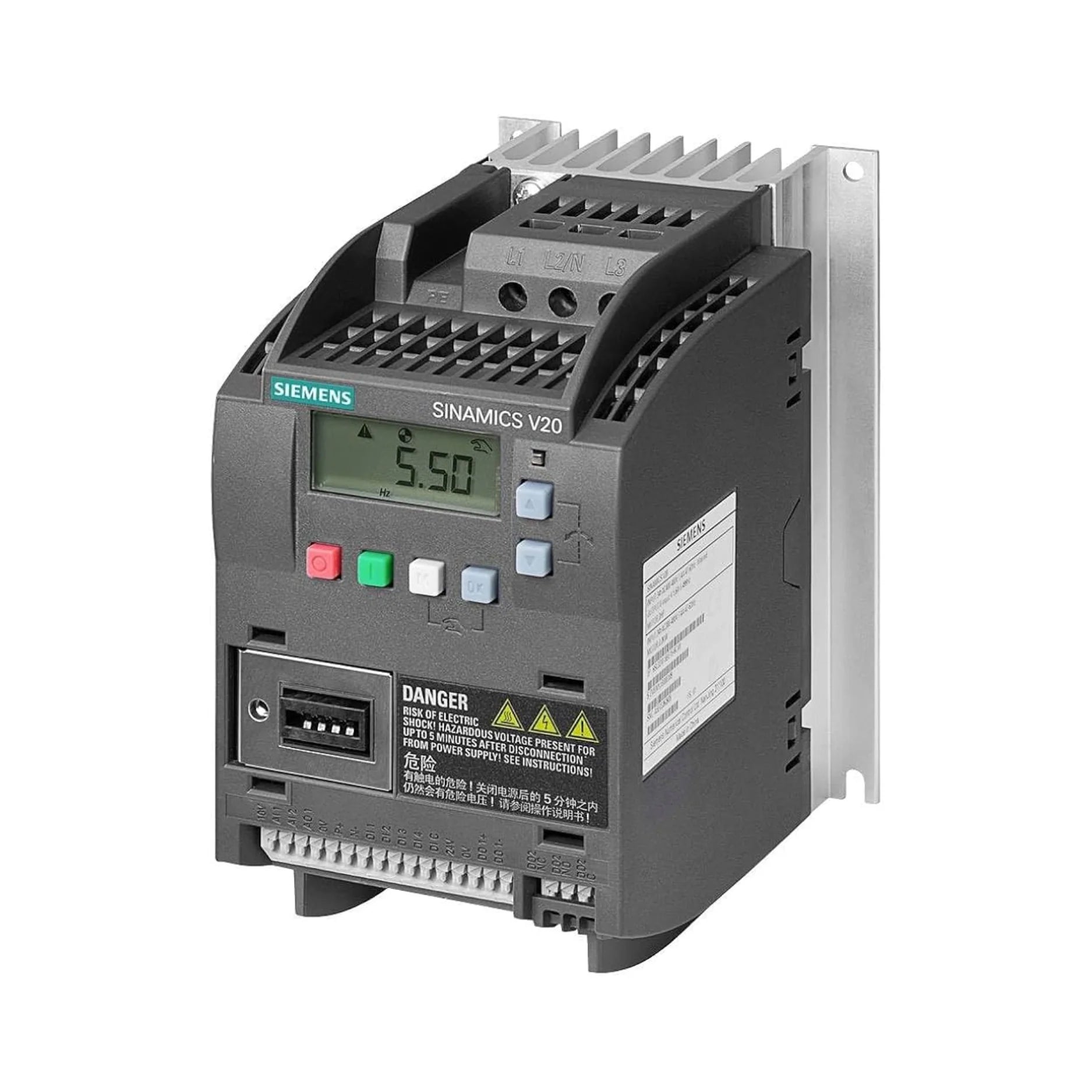 Siemens 6SL3210-5BE21-5CV0 SINAMICS V20 frequency converter for industrial motor control.
