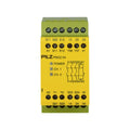 Pilz 774730 (PNOZ X4) safety relay with 3 N/O safety contacts and 1 N/C auxiliary contact for monitoring E-STOPs, safety gates, and light barriers.