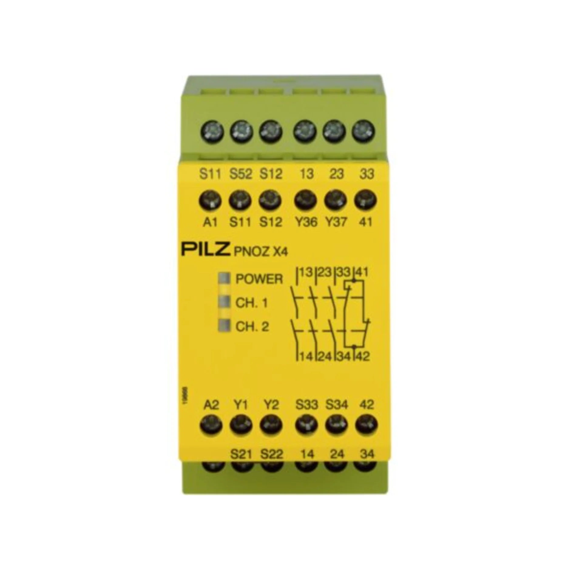 Pilz 774730 (PNOZ X4) safety relay with 3 N/O safety contacts and 1 N/C auxiliary contact for monitoring E-STOPs, safety gates, and light barriers.