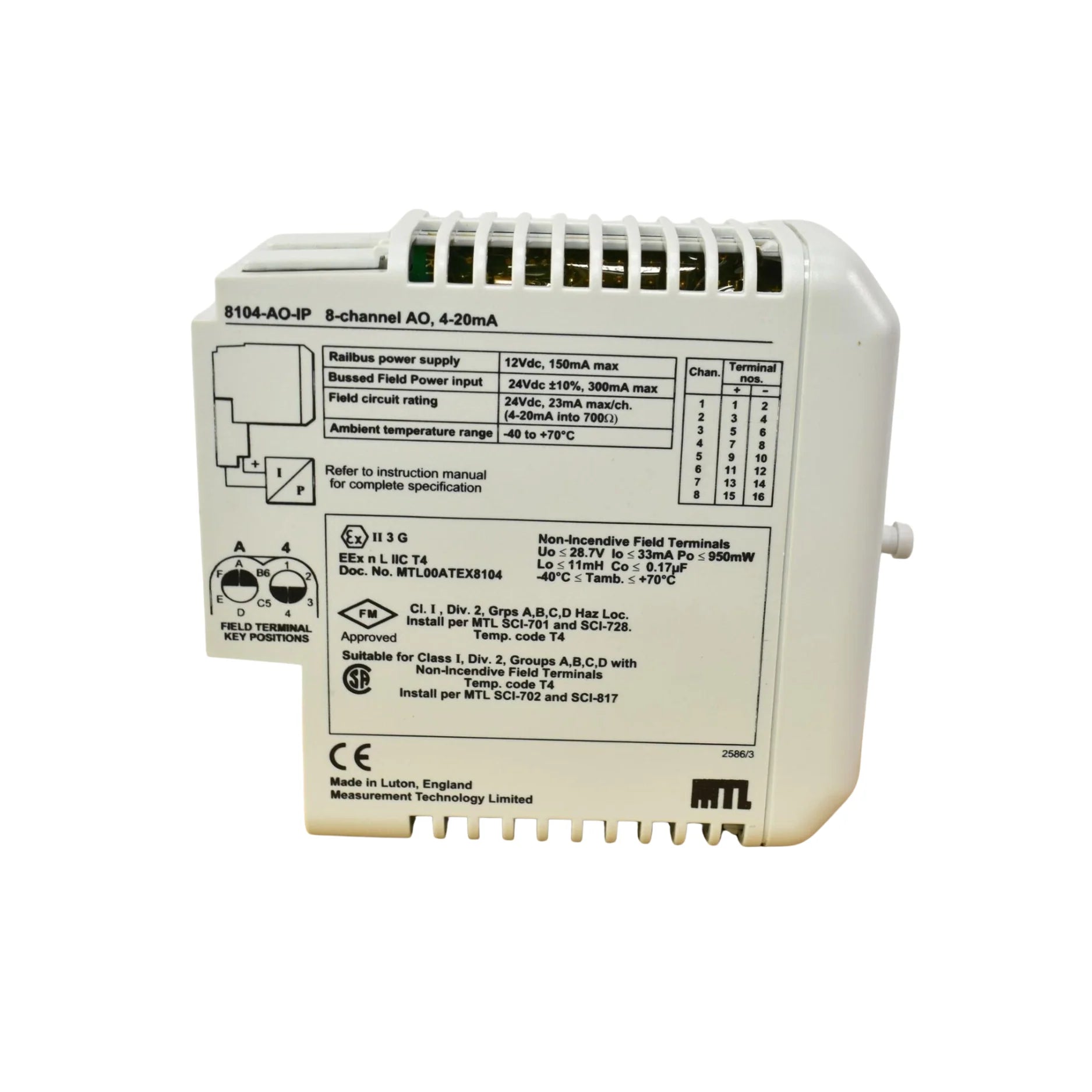 GE 8104-AO-IP analog output module, 4-channel 4–20 mA, isolated, for PAC8000 systems and hazardous area automation.