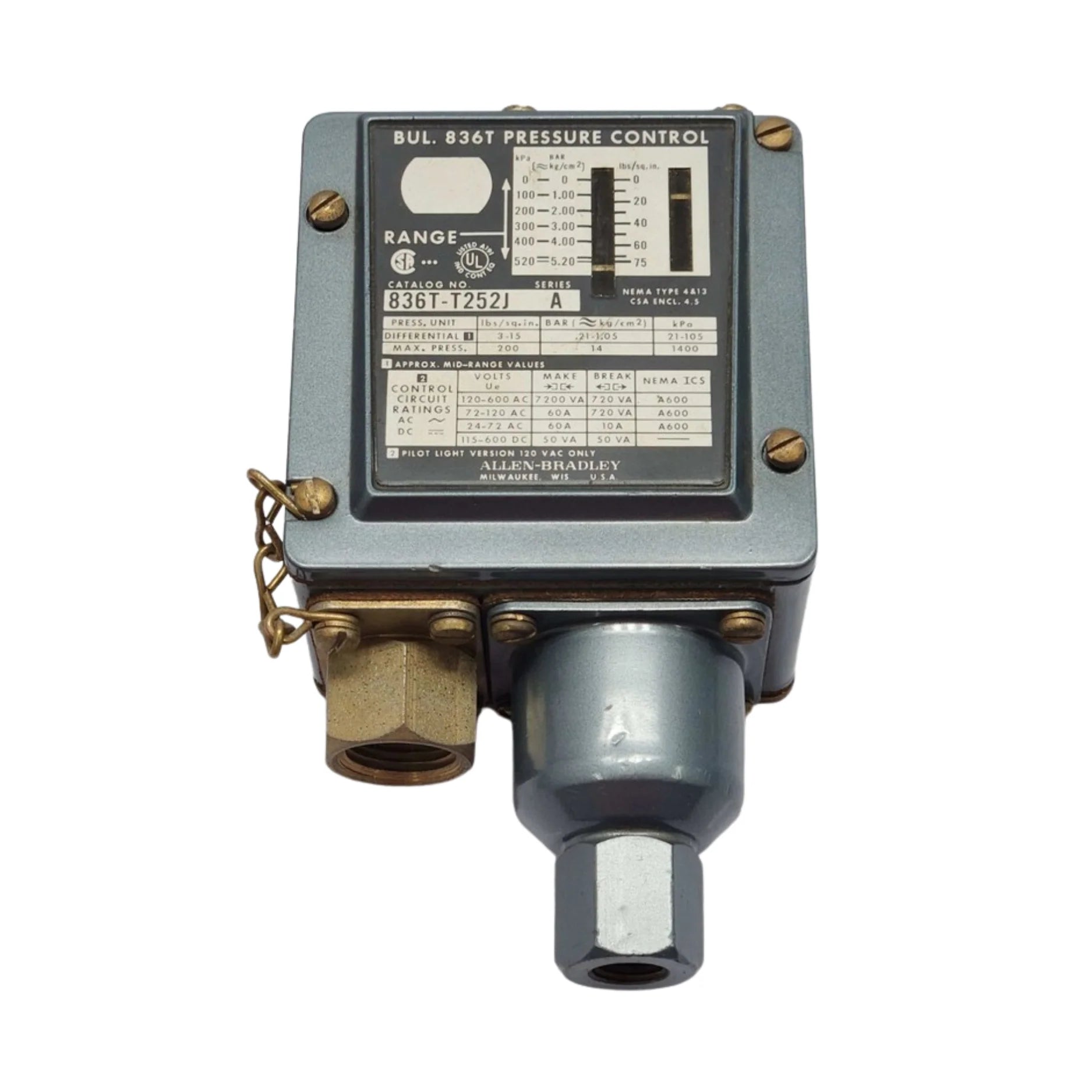 Allen-Bradley 836T-T252J pressure control switch, 10–150 PSI, SPDT, NEMA 4/13
