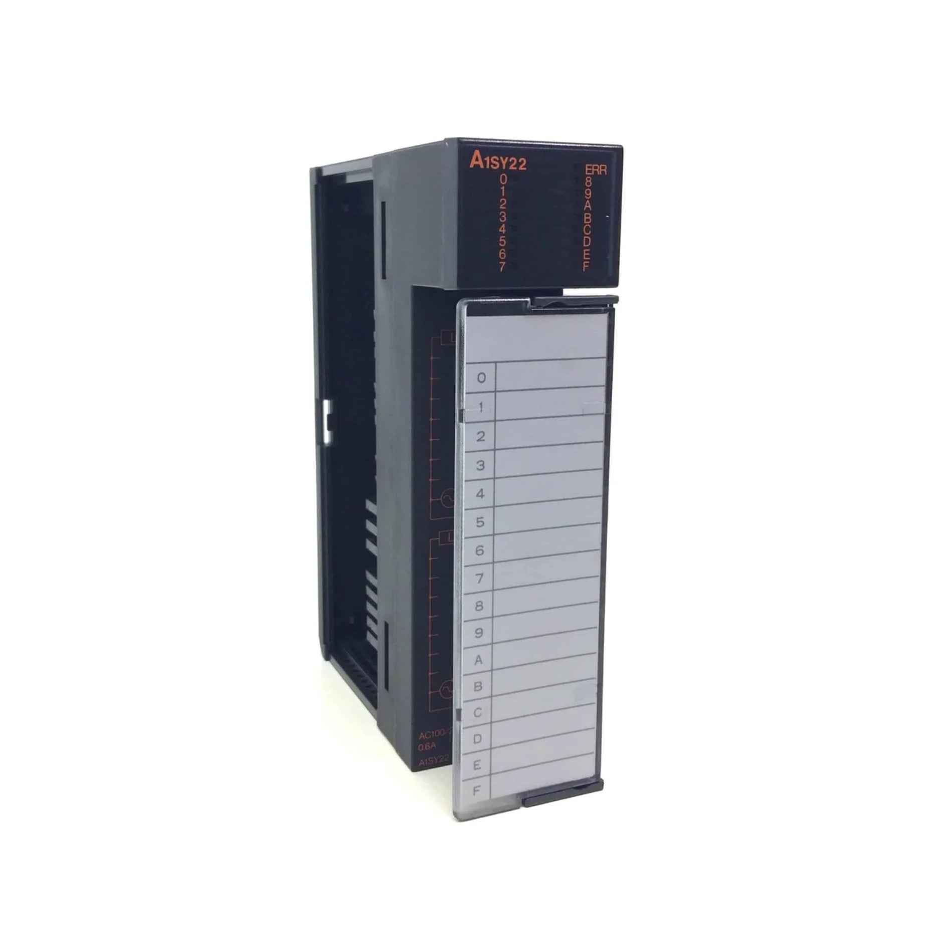 Mitsubishi A1SY22 16-point 24V DC sink output module for A-series PLCs in industrial control systems.