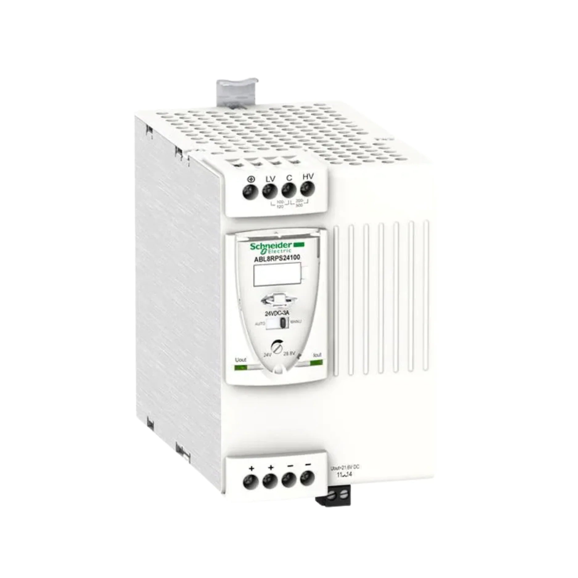 Schneider Electric ABL8RPS24100 power supply, 24V DC 10A output, DIN rail mount, with short-circuit and overload protection for control systems.