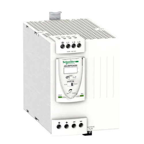 Schneider Electric ABL8WPS24200 24V DC power supply, 200 W, DIN rail mount, wide input range, and reliable output for industrial control systems.