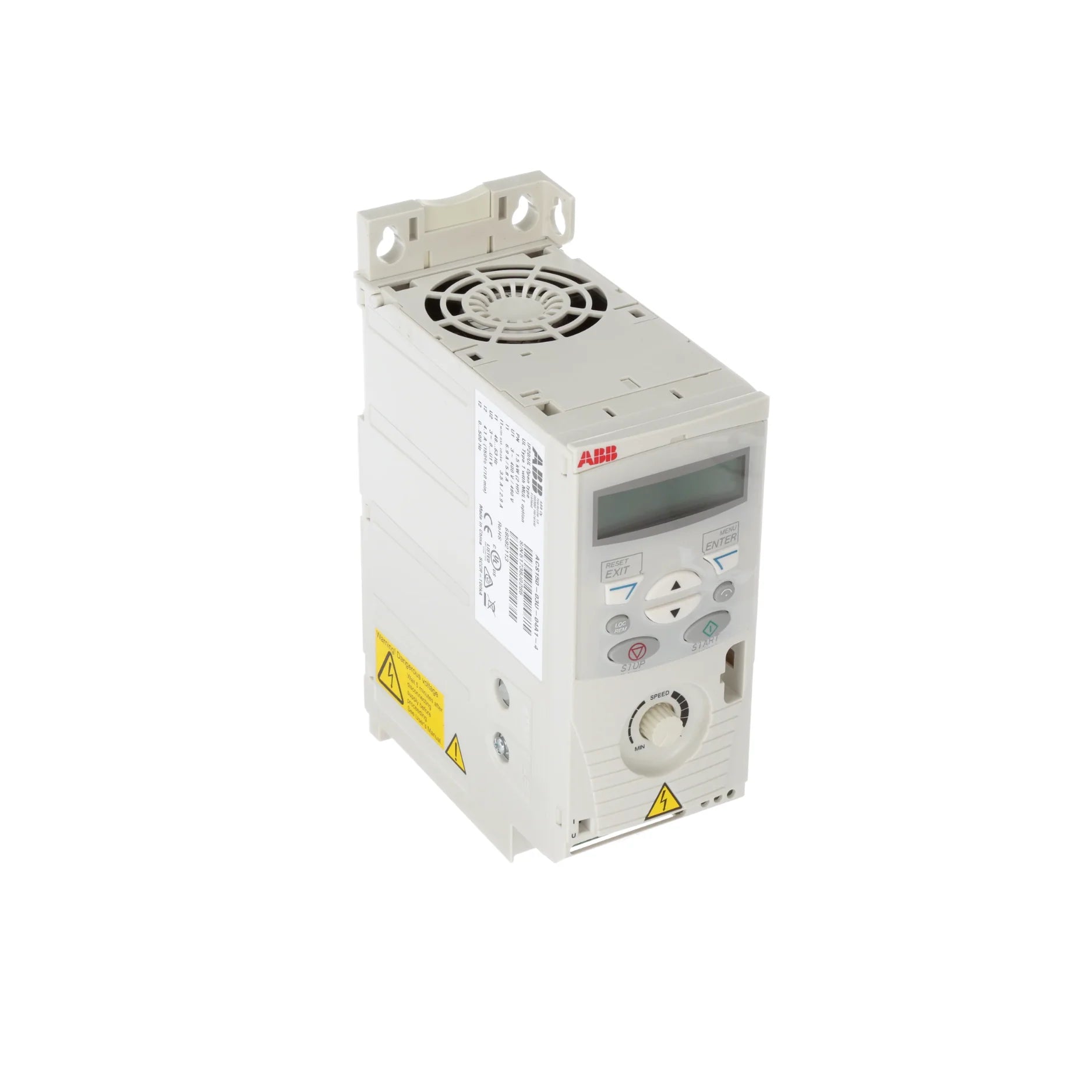 ABB ACS150-03U-09A8-2 2 HP VFD, 230 V, IP20, compact motor drive with integrated keypad and EMC filter for OEM and industrial use.