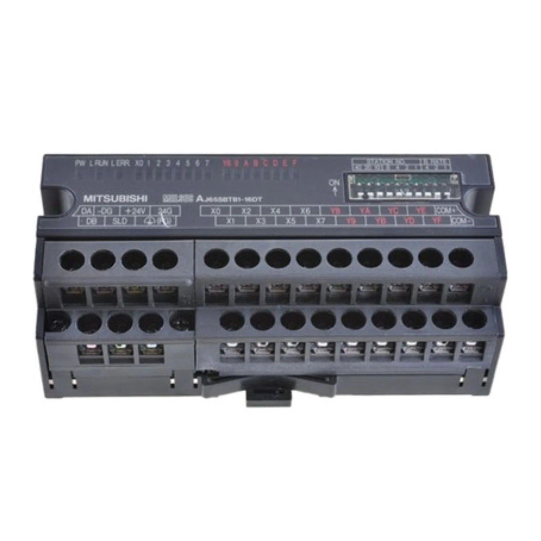 Mitsubishi AJ65SBTB1-16DT CC-Link remote I/O module, 8 digital inputs and 8 transistor outputs, DIN rail mountable.
