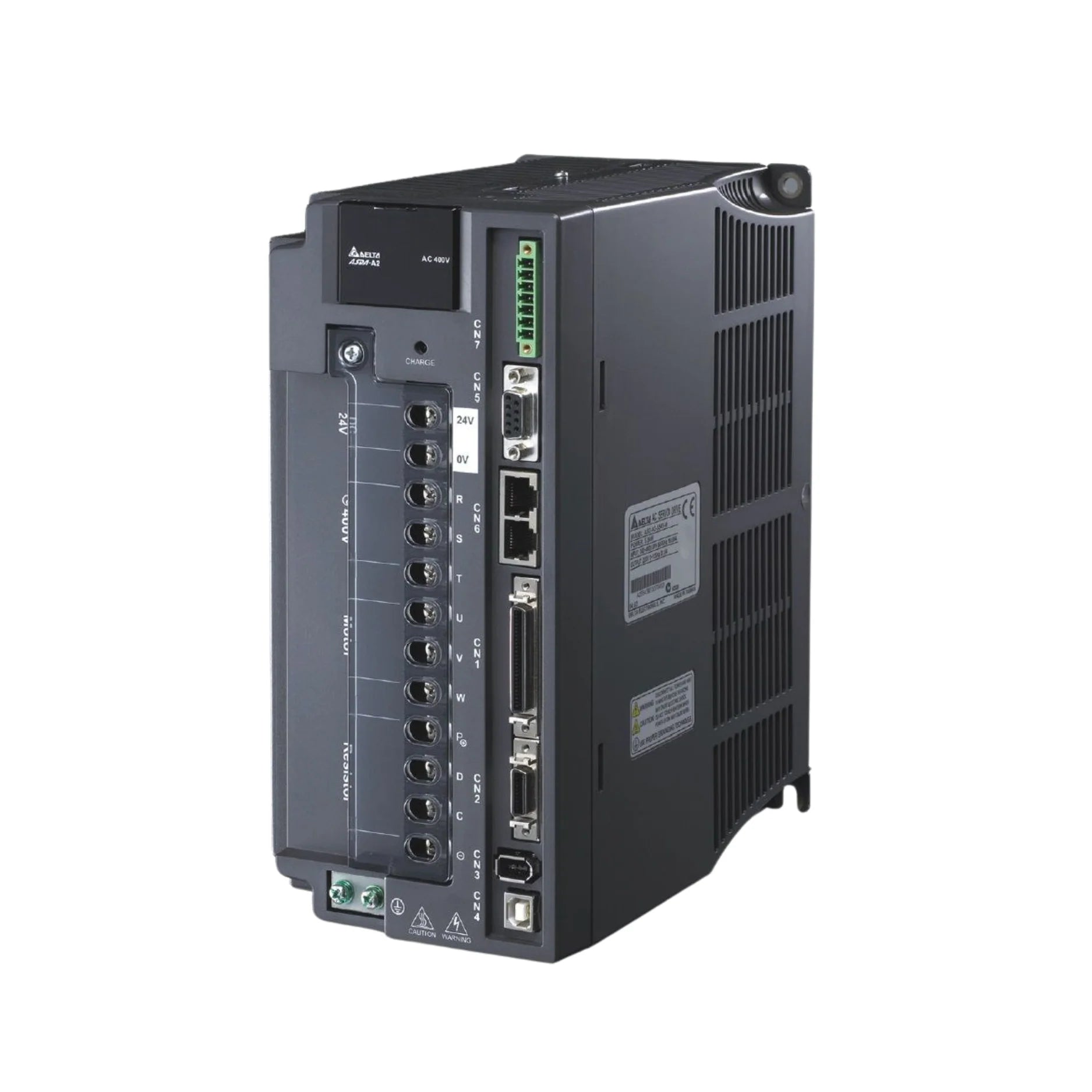 Delta ASD-A2-2043-M 2.0 kW servo drive, 400V, for ECMA motors, with high-speed control and multi-mode performance in industrial systems.