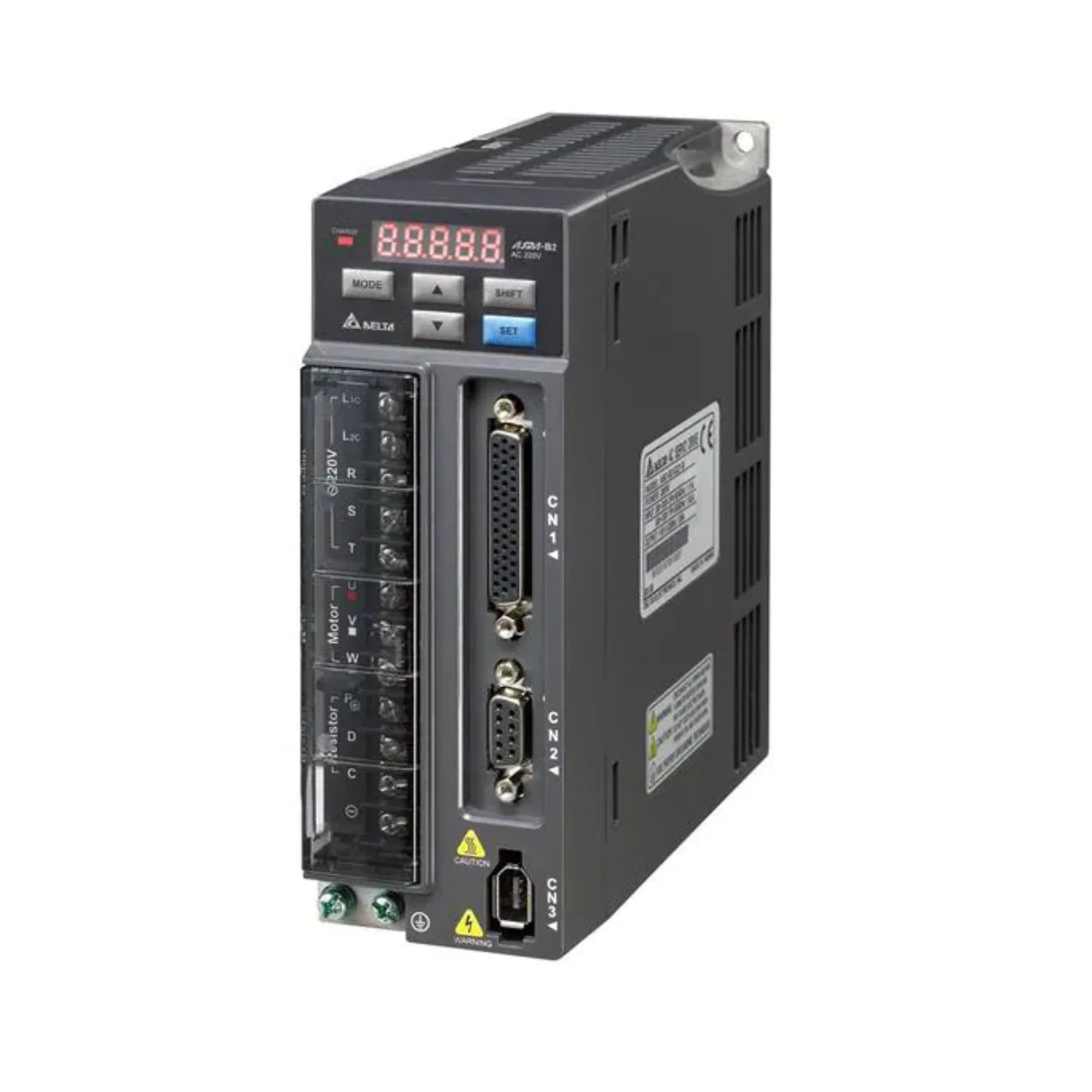 Delta ASD-B2-0421-B 400W servo drive, 220V, with multi-mode control for ECMA motors in compact industrial automation systems.