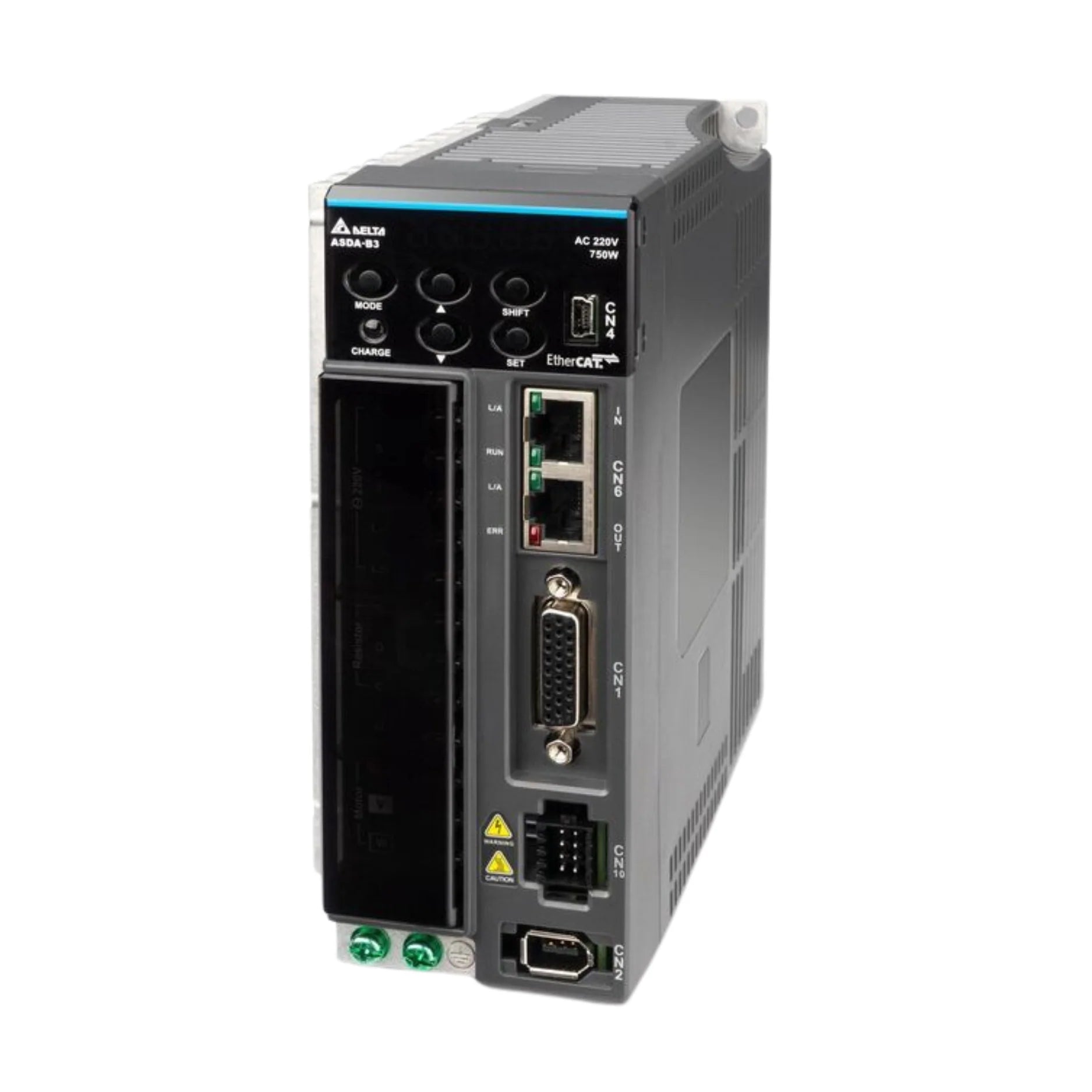Delta ASD-B3-0721-L 750W servo drive with 220V AC input, supporting 1/3-phase configurations, ideal for precise industrial motion control.