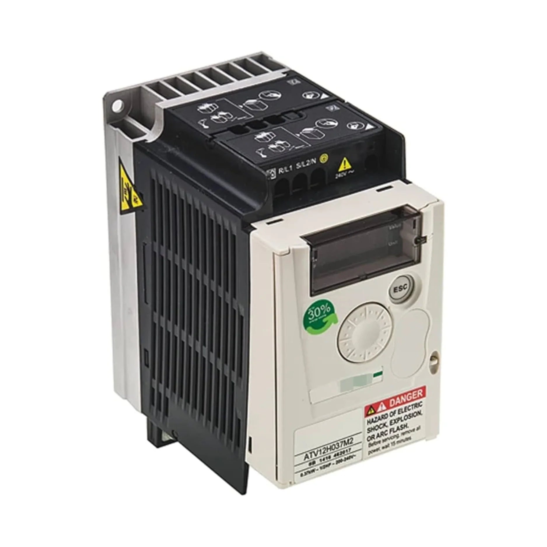 Schneider Electric ATV12H037M2 Altivar 12 drive, 0.37 kW (0.5 HP), 200–240V single-phase input for compact motor control applications.