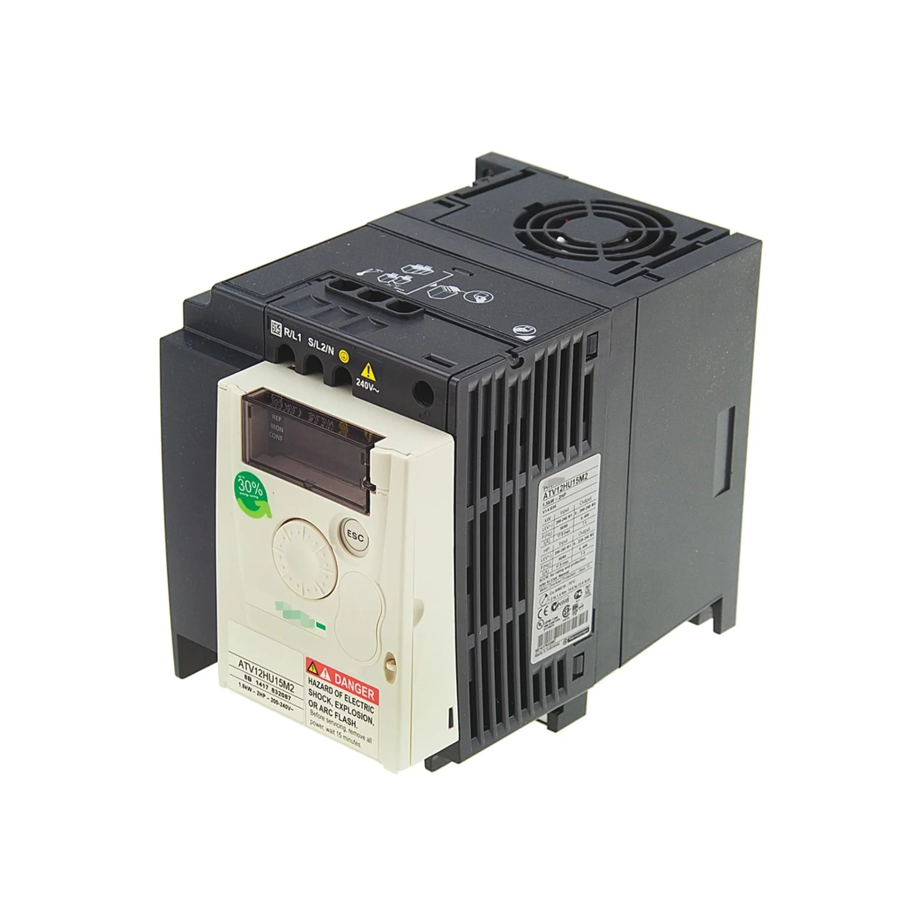 Schneider Electric ATV12HU15M2 Altivar 12 drive, 1.5 kW (2 HP), 200–240V single-phase input for compact and efficient motor control.