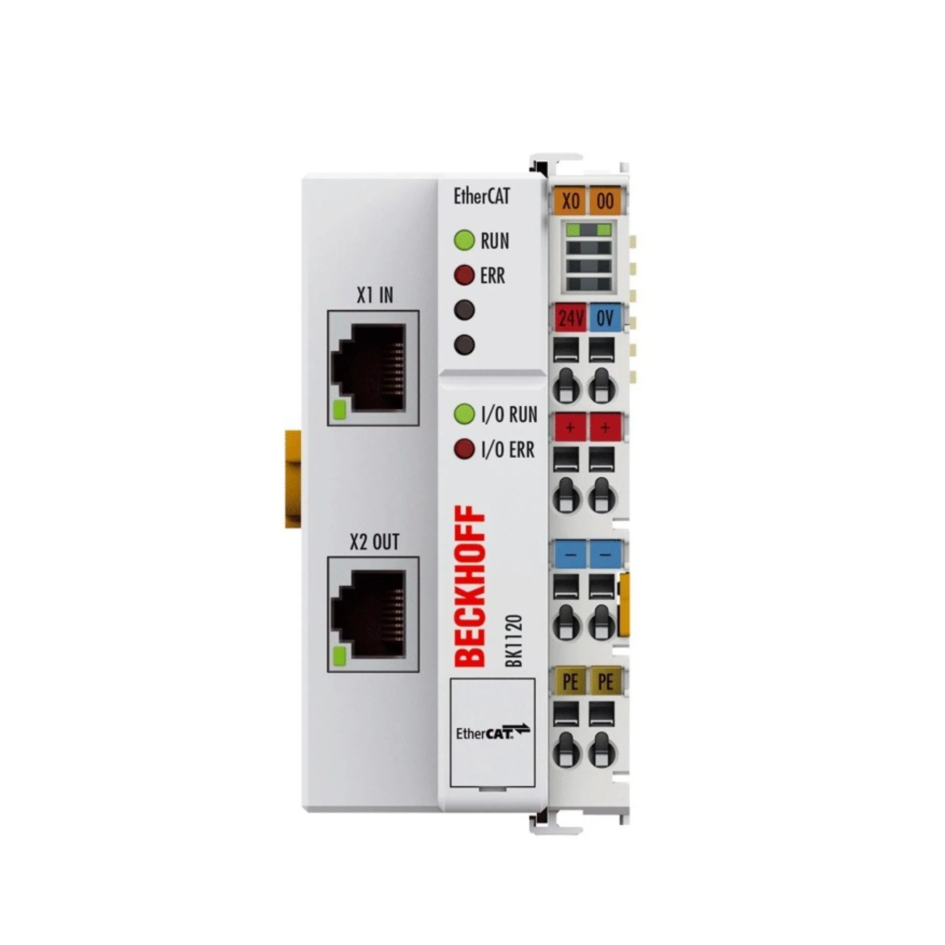Beckhoff BK1120 EtherCAT bus coupler for industrial automation, providing high-speed fieldbus communication and seamless I/O integration.