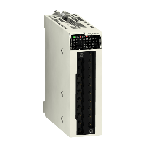 Schneider Electric BMXAMO0210 analog output module, 2 channels, 0–10 V or 4–20 mA, for precise signal control with Modicon M340 PLC.