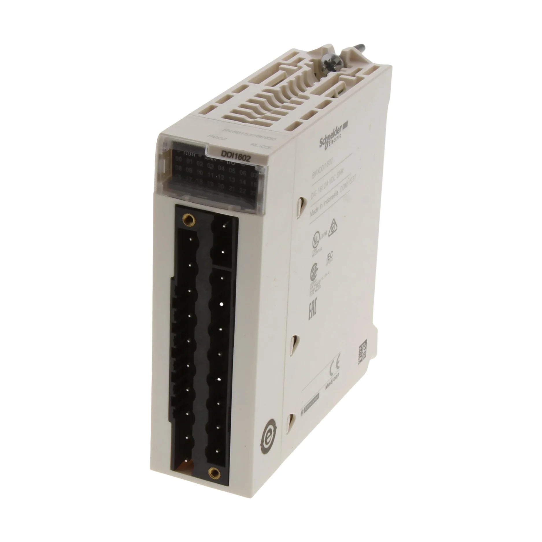 Schneider Electric BMXDDI1602 Modicon X80 input module with 16 x 24V DC channels for fast, isolated digital input in M340 and M580 systems.