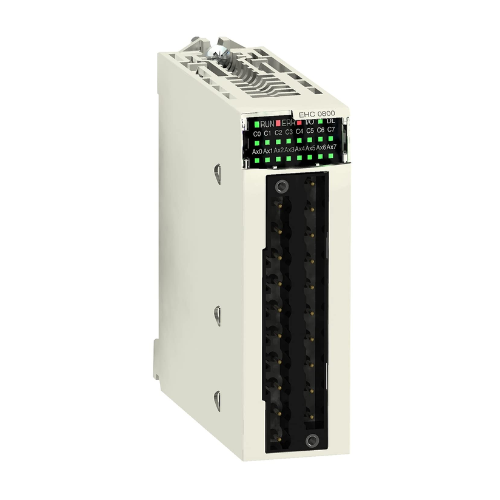 Schneider Electric BMXEHC0800 high-speed counter module for Modicon M340 PLC with 8 input channels for fast counting and encoder feedback.