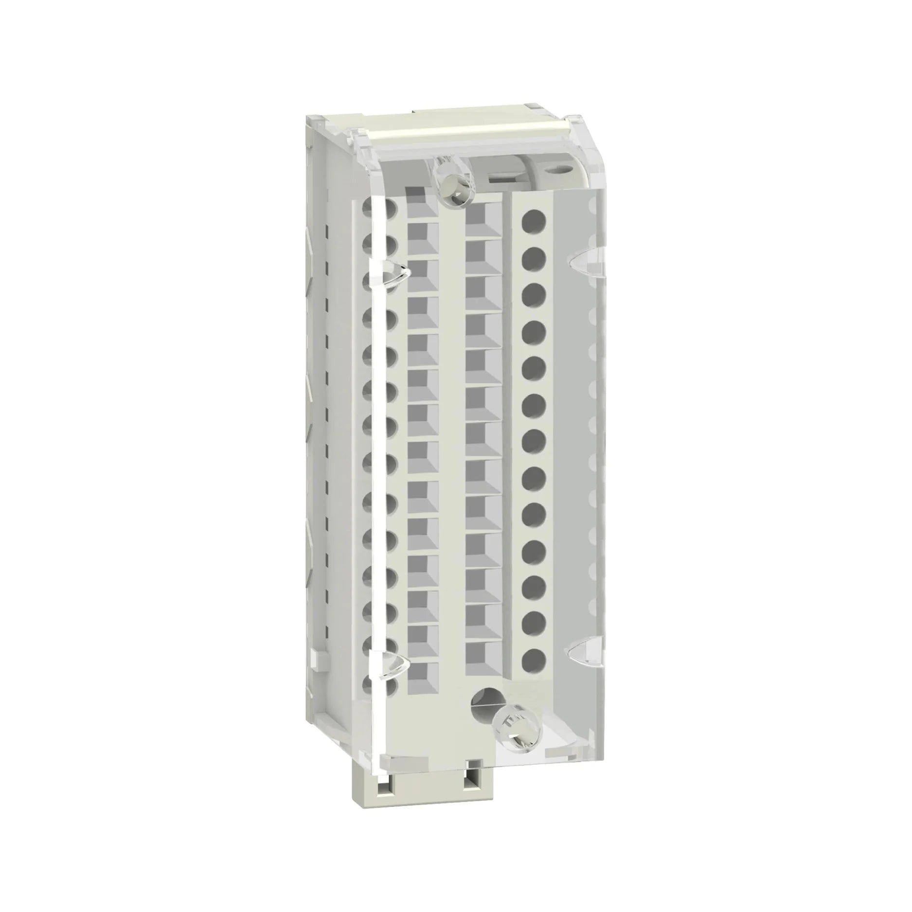 Schneider Electric BMXFTB2800 terminal block with 20 screw terminals and HE10 connector for secure wiring of Modicon X80 I/O modules.