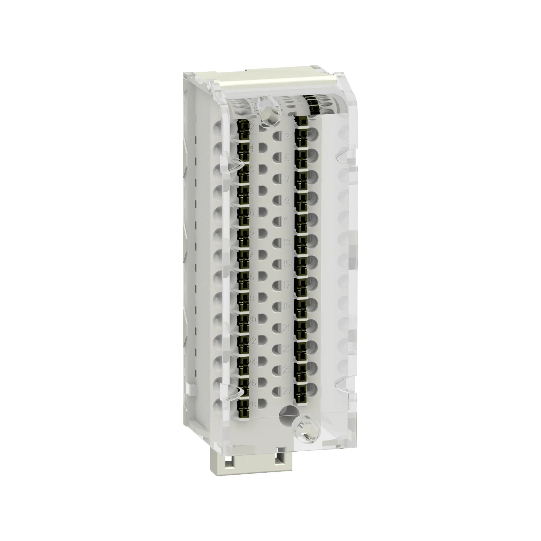 Schneider Electric BMXFTB2820 terminal block with 20 spring terminals and HE10 connector for Modicon X80 modules in M340/M580 PLC systems.