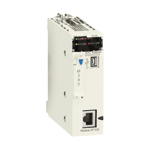 Schneider Electric BMXP341000 Modicon M340 CPU, with Ethernet, USB, and serial ports for mid-range industrial automation applications.