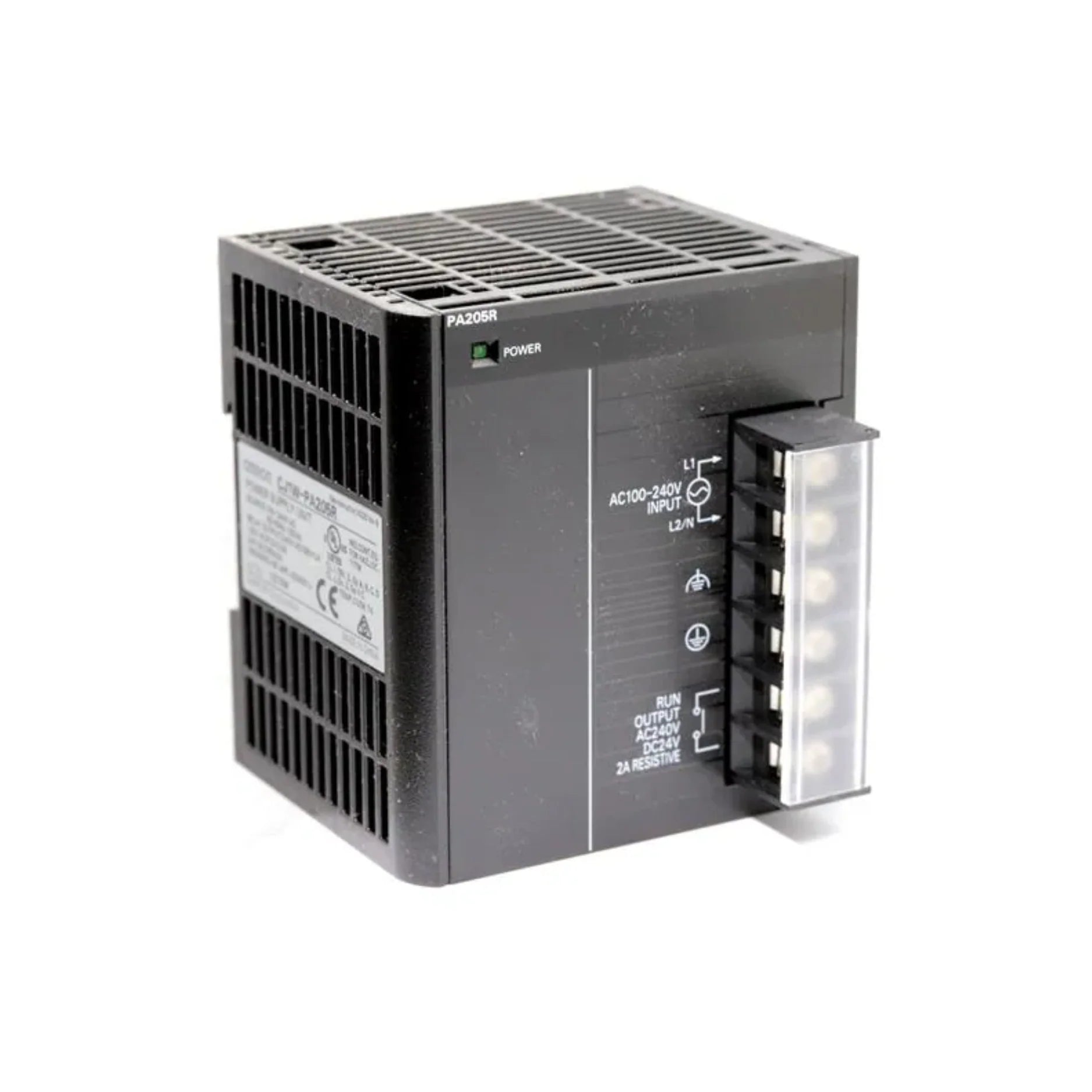 Omron CJ1W-PA205R power supply unit, 100–240V AC input, 5V/5A output with RUN relay, for CJ1 and CJ2 PLC systems. DIN rail mount.