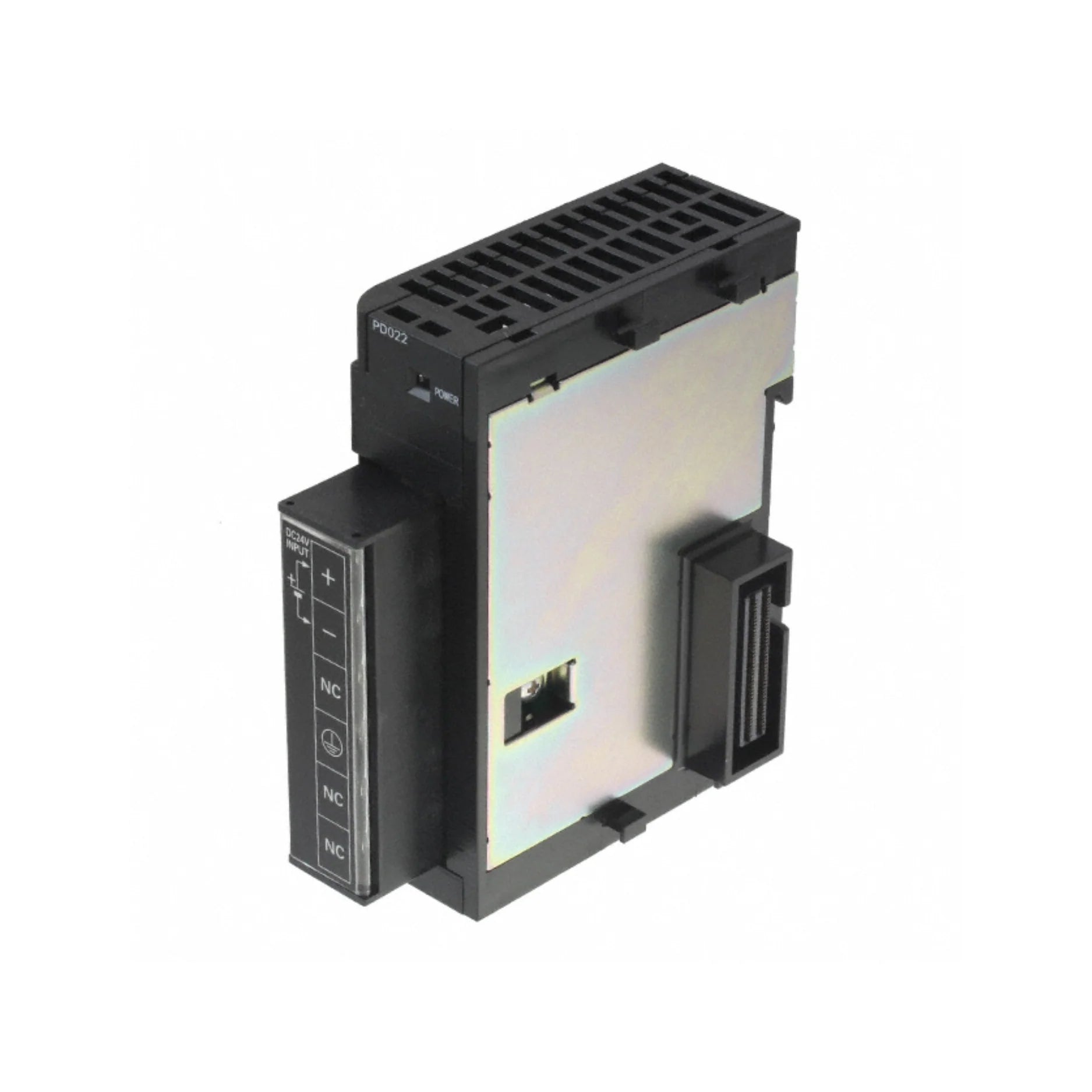 Omron CJ1W-PD022 24 VDC power supply unit for CJ-Series PLCs, 19.6 W total output, compact DIN rail mount with screw terminals.