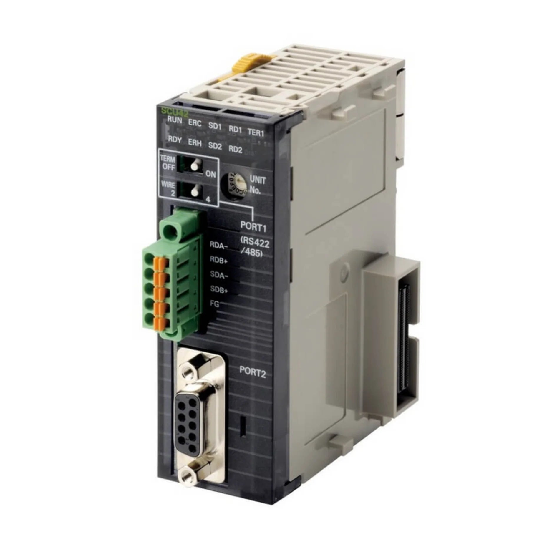 Omron CJ1W-SCU42 2-port serial communication unit with RS-232C and RS-422A/485 support for CJ-Series PLCs.