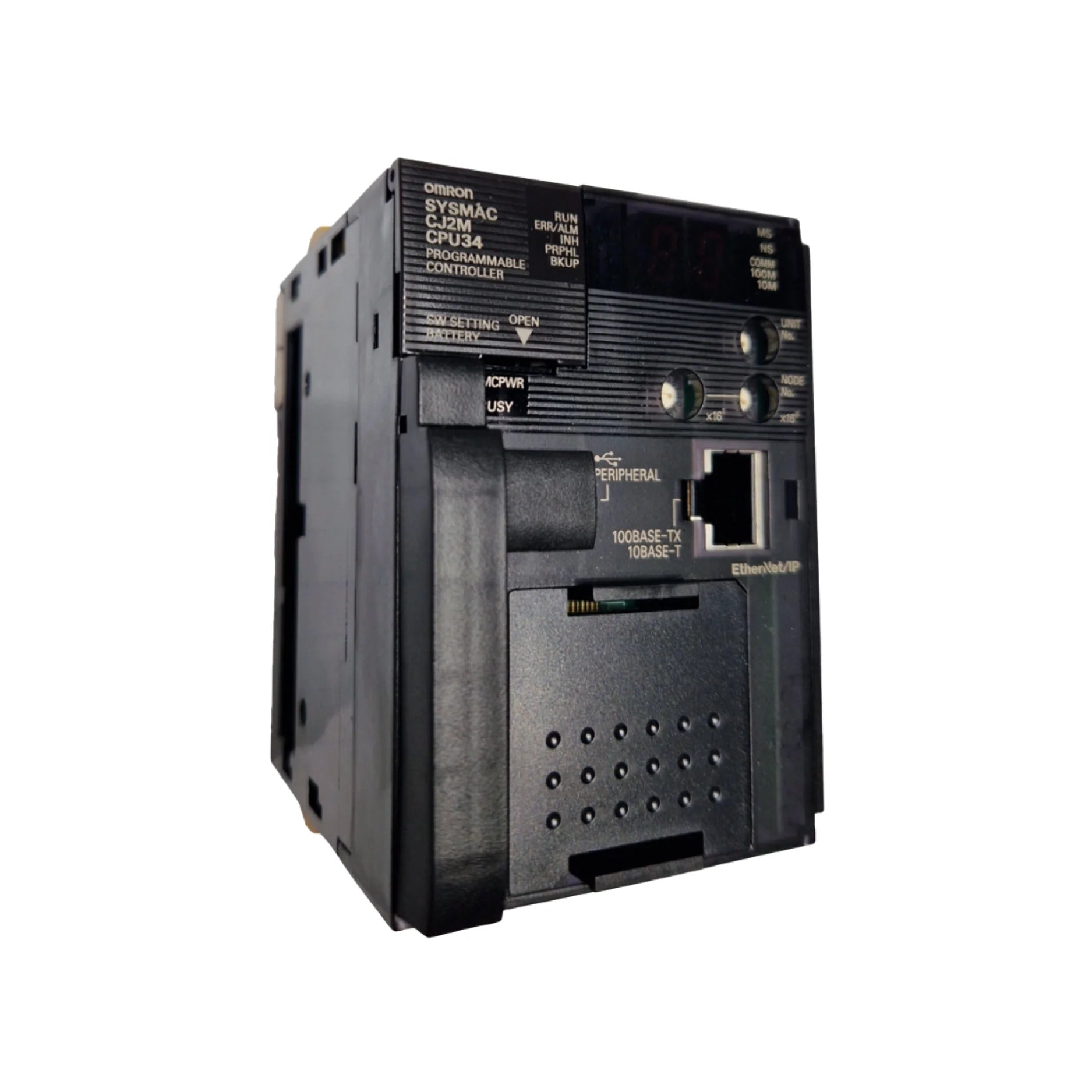 Omron CJ2M-CPU34 PLC CPU module with 30K steps, EtherNet/IP, and USB ports for high-speed, modular industrial automation control.