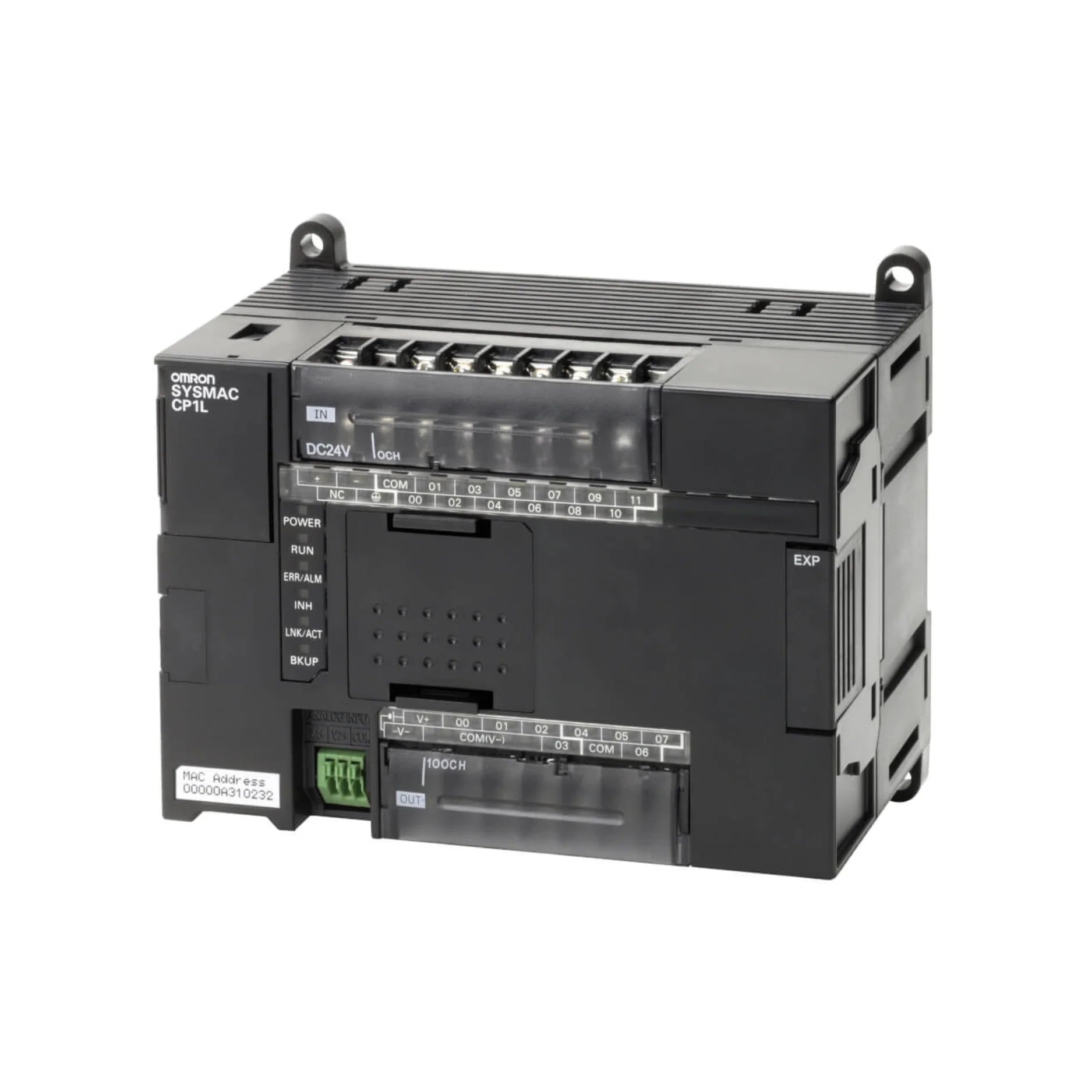 Omron CP1L-EL20DR-D compact PLC with 12 inputs, 8 relay outputs, built-in Ethernet, and expansion capabilities for automation systems.