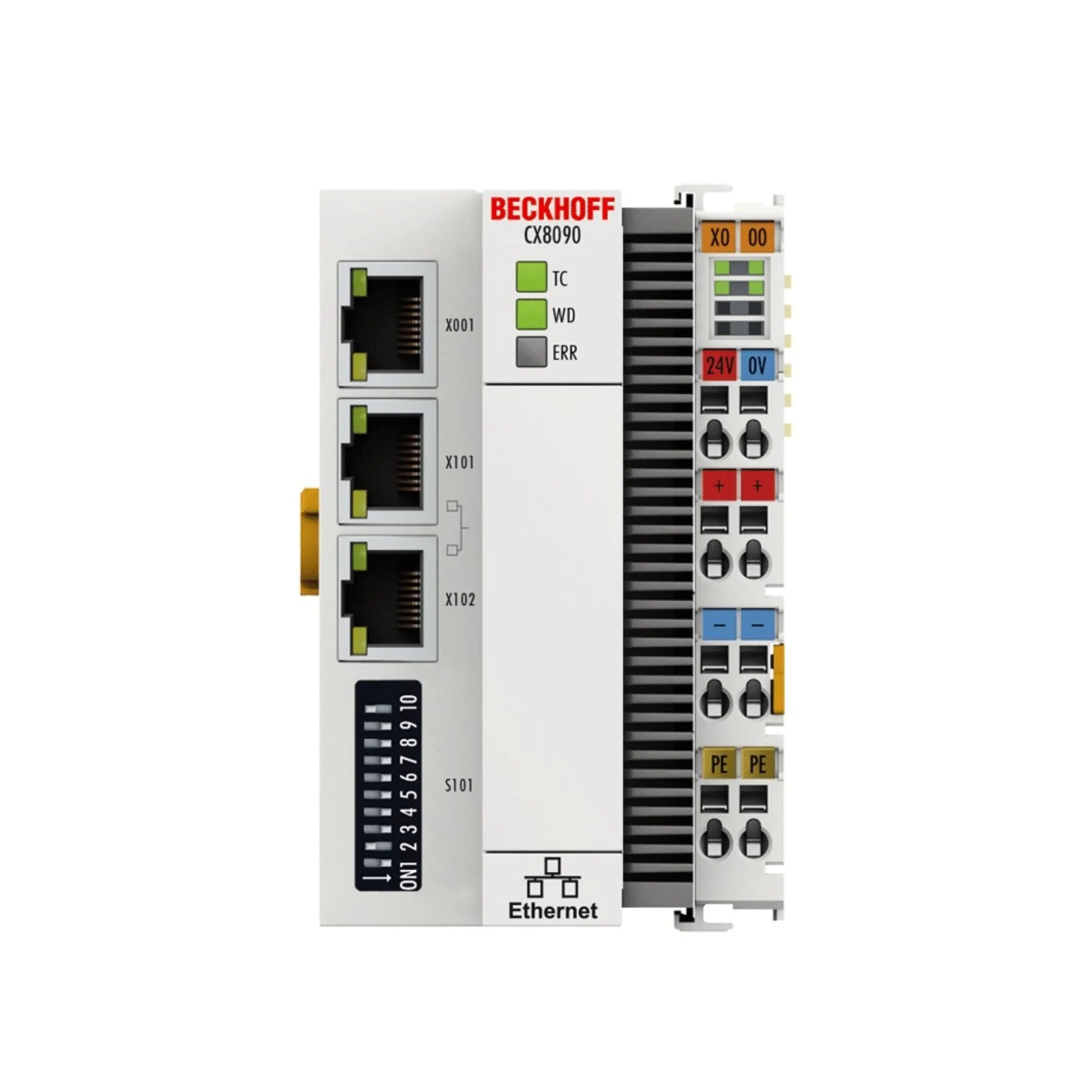 Beckhoff CX8090 embedded PC with Ethernet and BACnet support, designed for industrial and building automation control systems.