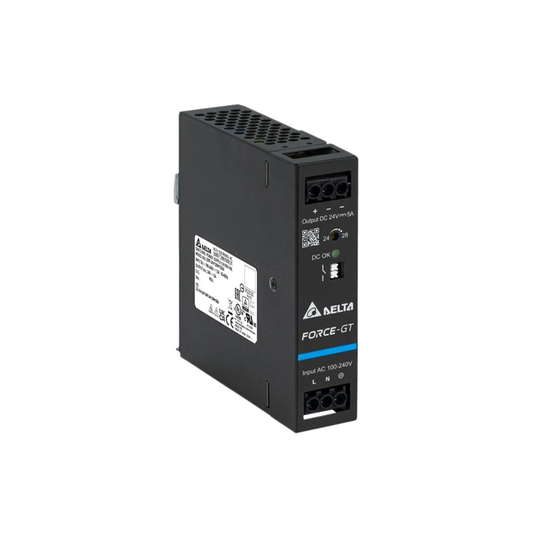 The Delta DRF-24V120W1GBA compact industrial power supply, designed for reliable power distribution.