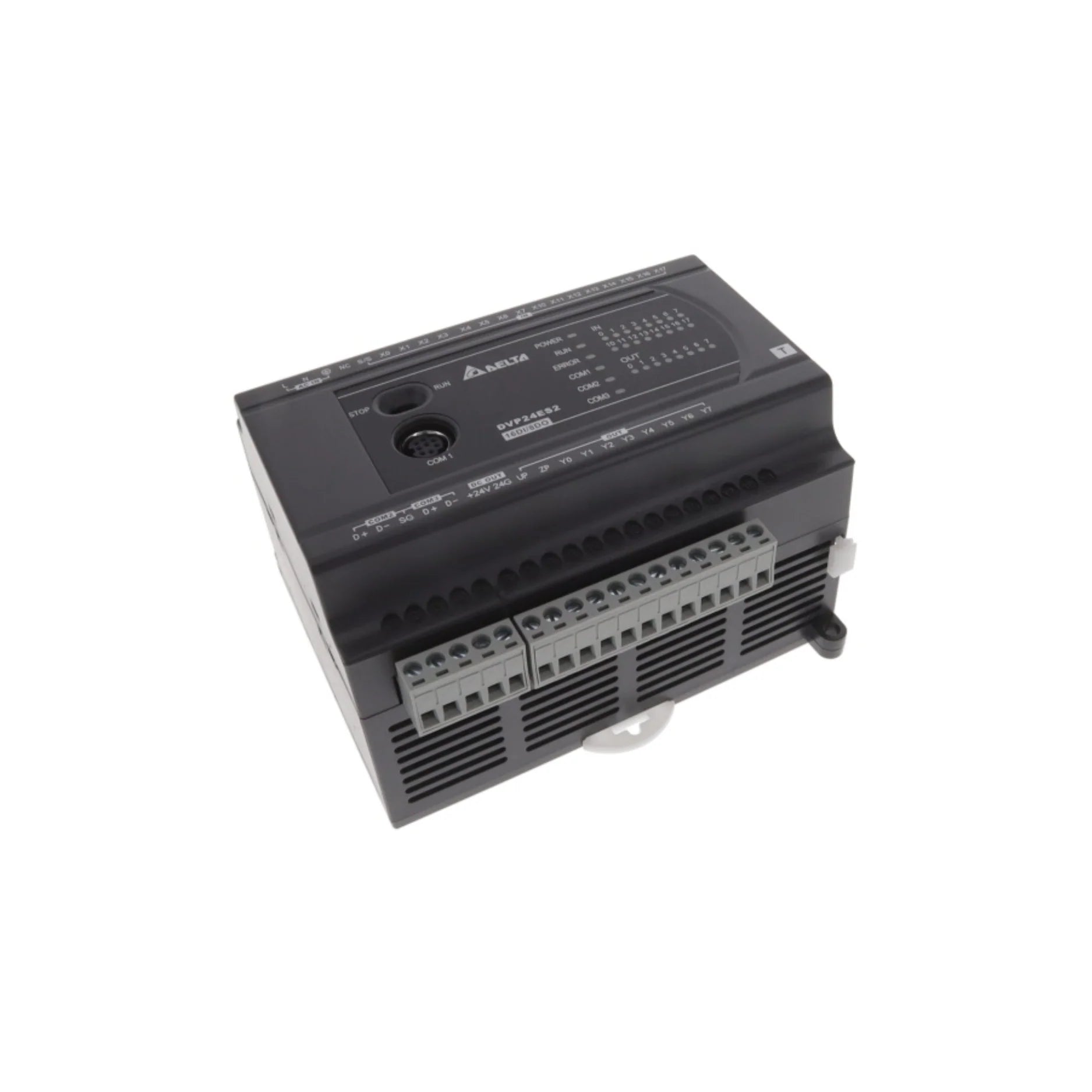 Delta DVP24ES200T PLC Module with a robust industrial design and reliable performance for automation needs.