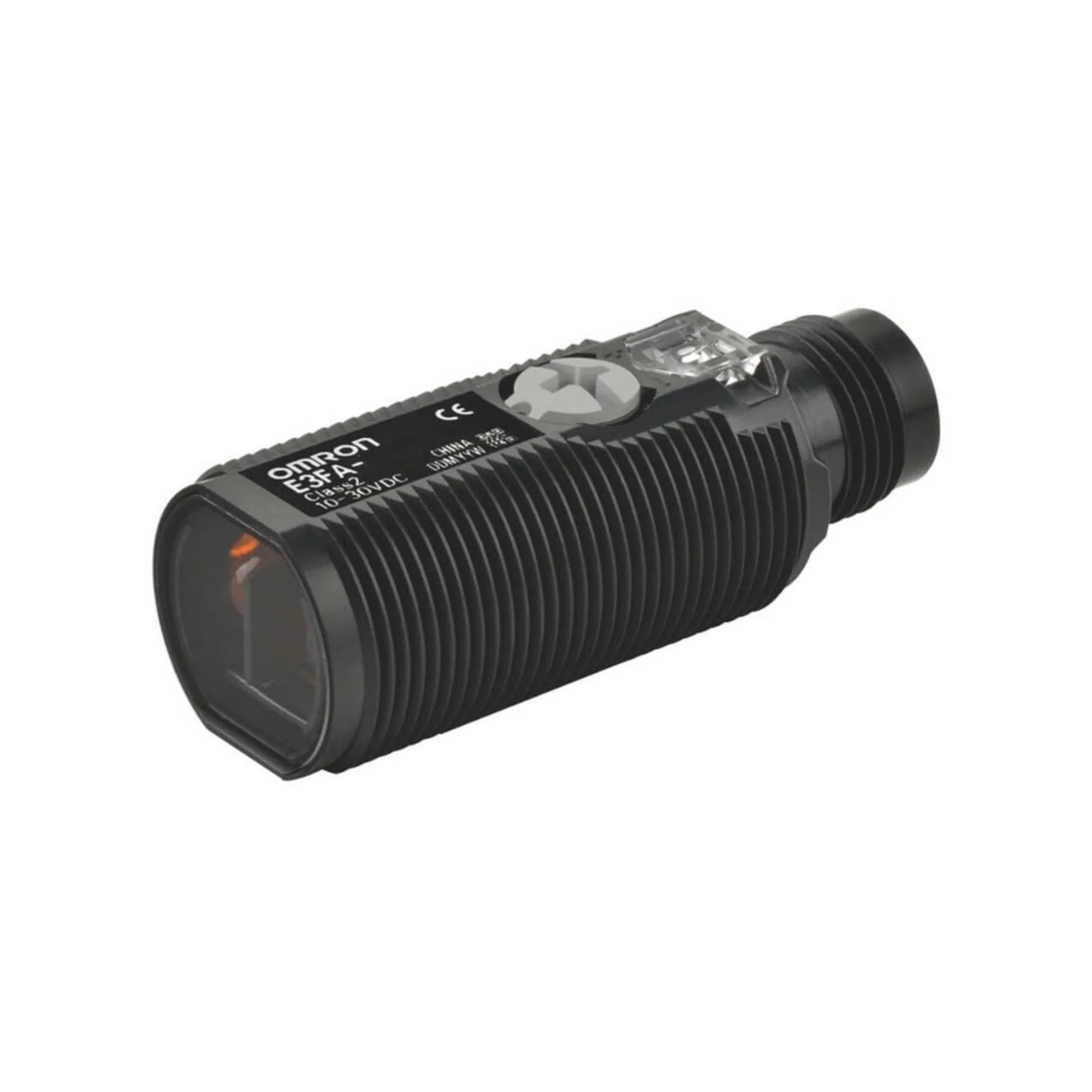 Omron E3FA-RP21 retro-reflective sensor, 4 m range, PNP output, 10–30 VDC supply, compact M18 housing for industrial automation use.